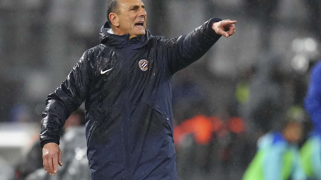 FILE -Montpellier's head coach Michel Der Zakarian yells during the French League One soccer match between Marseille and Montpellier at the Stade Velodrome in Marseille, France, Feb. 25, 2024.