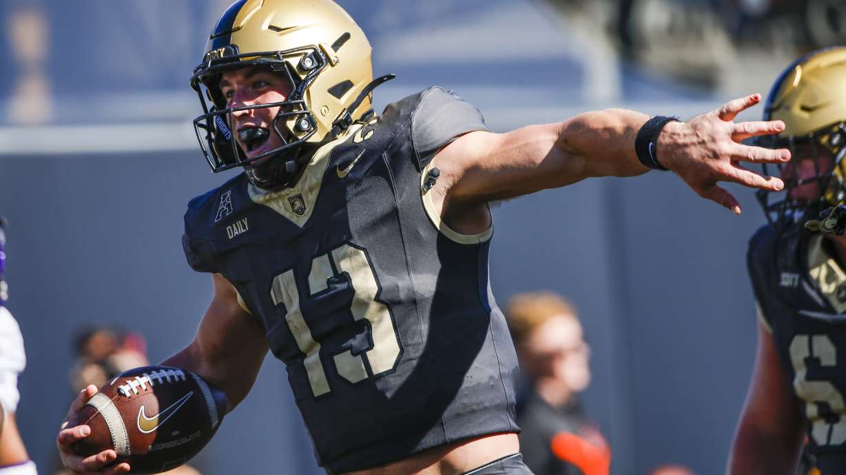 Army quarterback Bryson Daily celebrates a touchdown during an NCAA college football game against East Carolina, Saturday, Oct. 19, 2024, in West Point, N.Y.