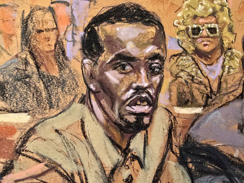 Sean 'Diddy' Combs, with his mom seated in the back, attends a hearing in federal court in the Manhattan borough of New York City, Oct. 10. On Sunday, Combs's lawyers asked the judge for a gag order against his accusers and their lawyers.