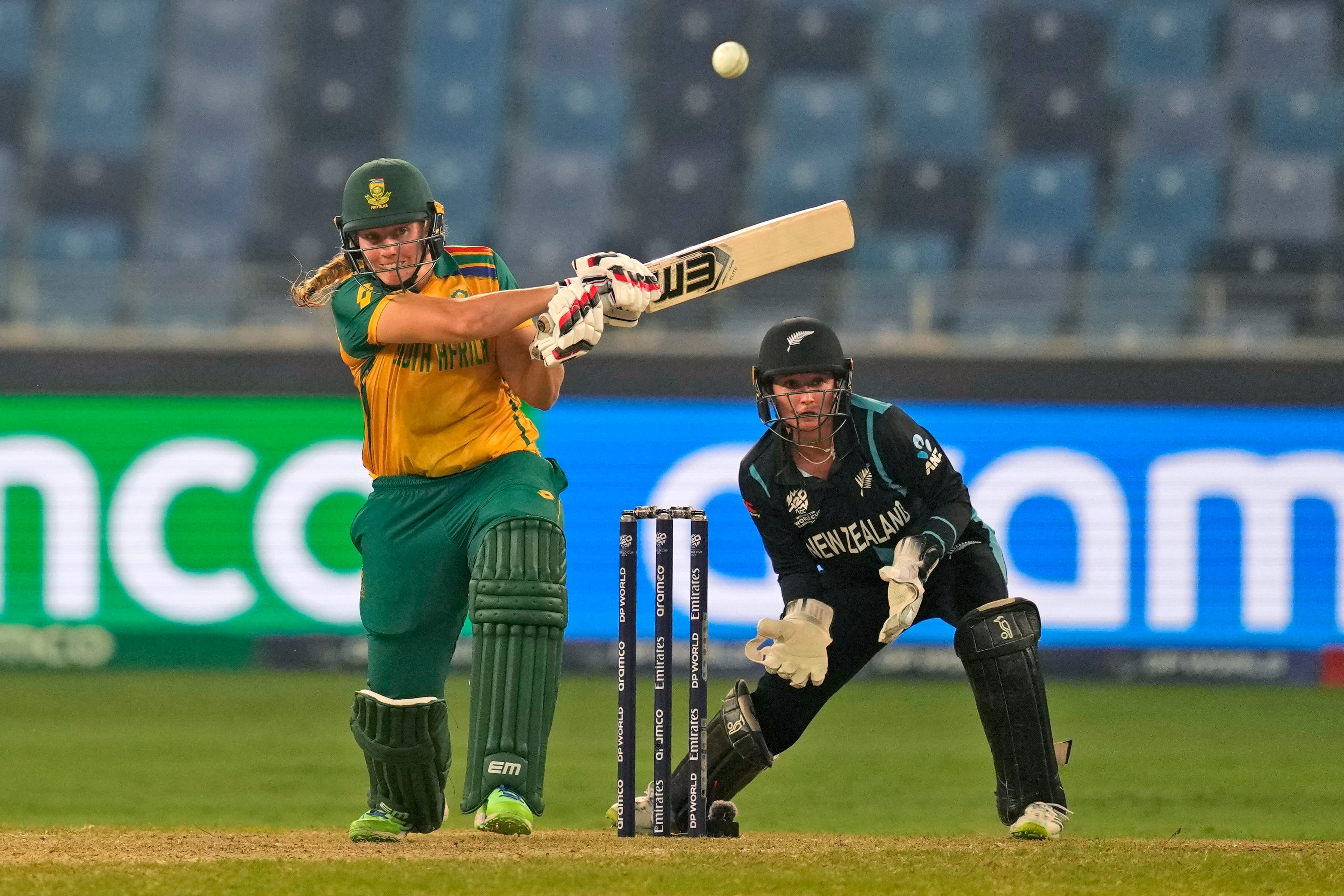 South Africa's Annerie Dercksen plays a shot during the ICC Women's T20 World Cup 2024 final match between New Zealand and South Africa at Dubai, United Arab Emirates, Sunday.