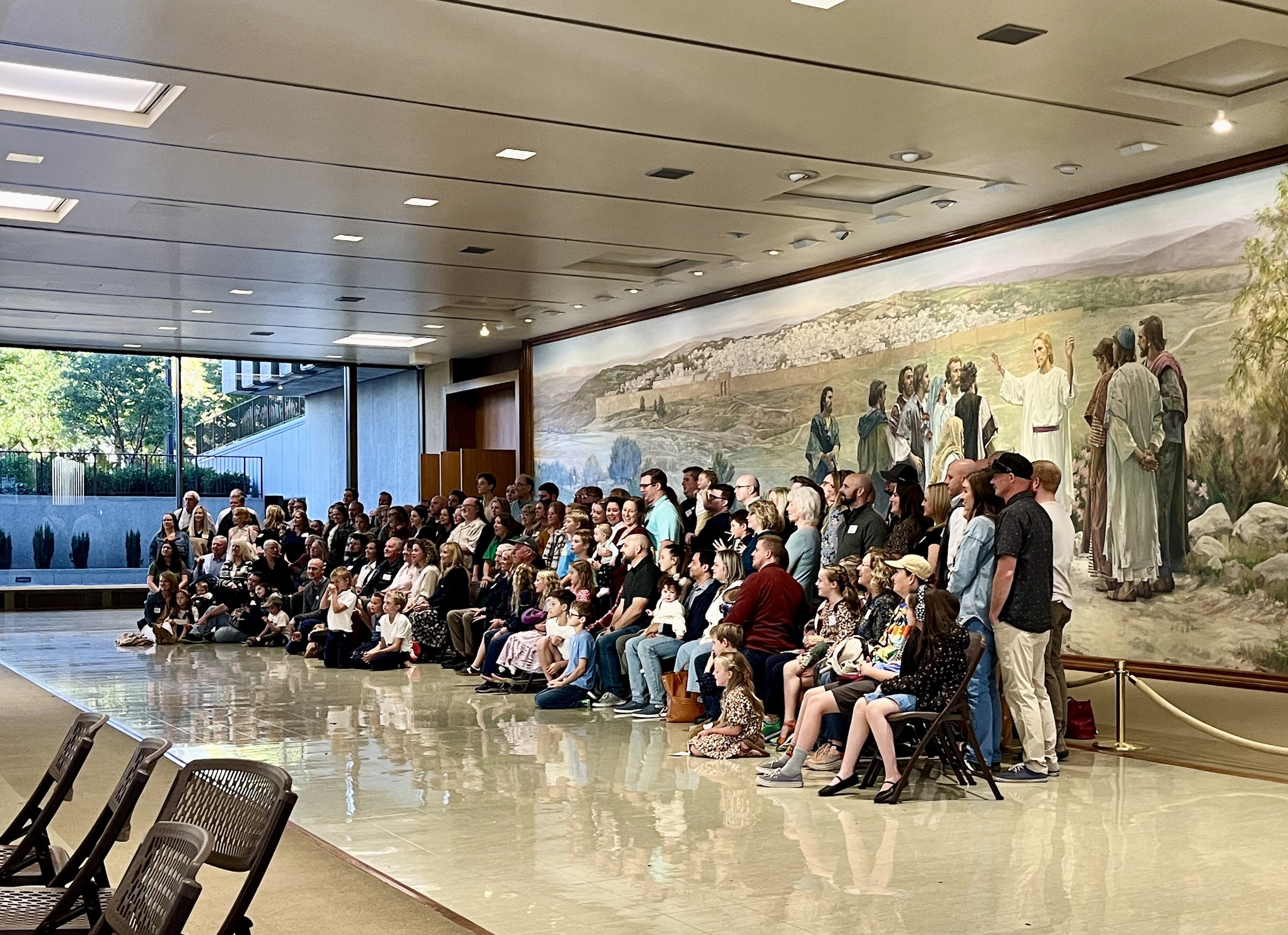 Descendants of James Staples gather inside the Church Office Building on Monday. Staples helped construct the original Salt Lake Temple foundation.