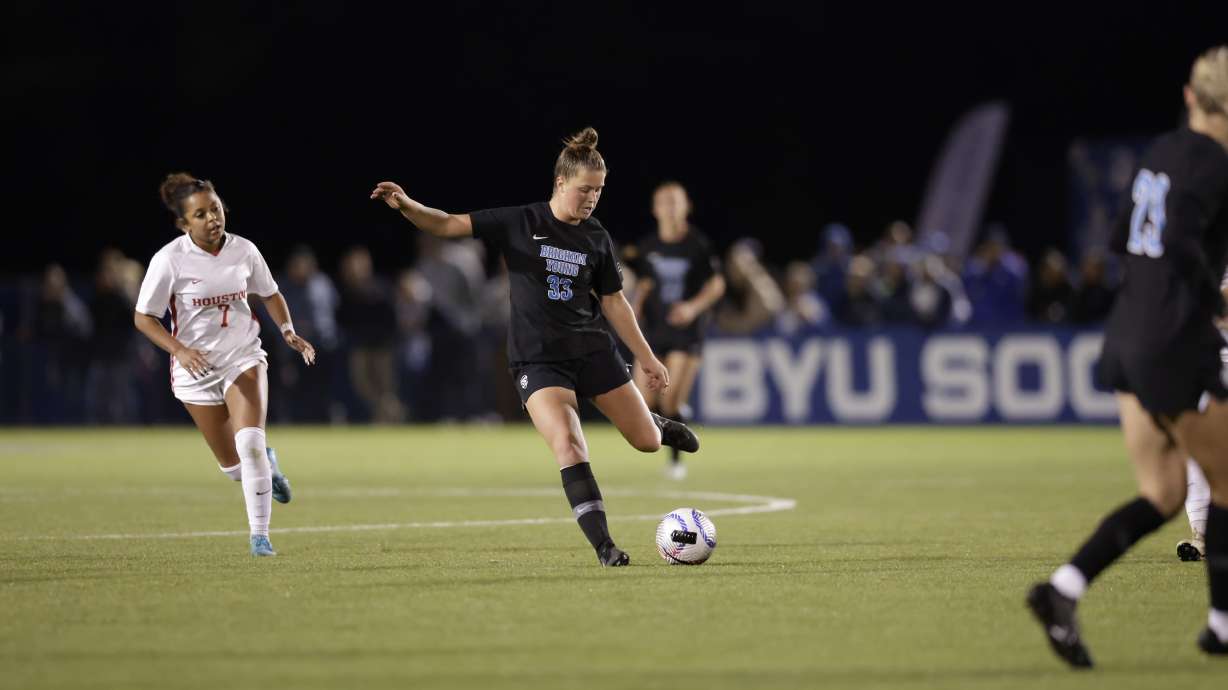 BYU freshman Lucy Kesler takes a shot during the Cougars' 3-0 win over Houston, Monday, Oct. 21, 2024 at South Field in Provo, Utah.