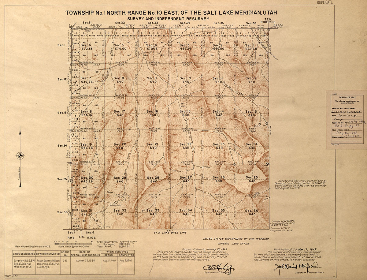 Lynn Simmons was assisting in the creation of this Public Land Survey System map of a 36-square-mile parcel in the Uinta Mountains at the time of his disappearance in 1940.