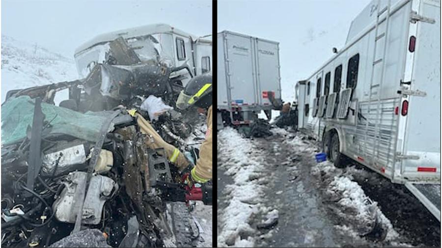 The front of the McFarland’s truck, left, and the back of the horse trailer, right, are seen after a crash on I-15 near Fillmore Friday.