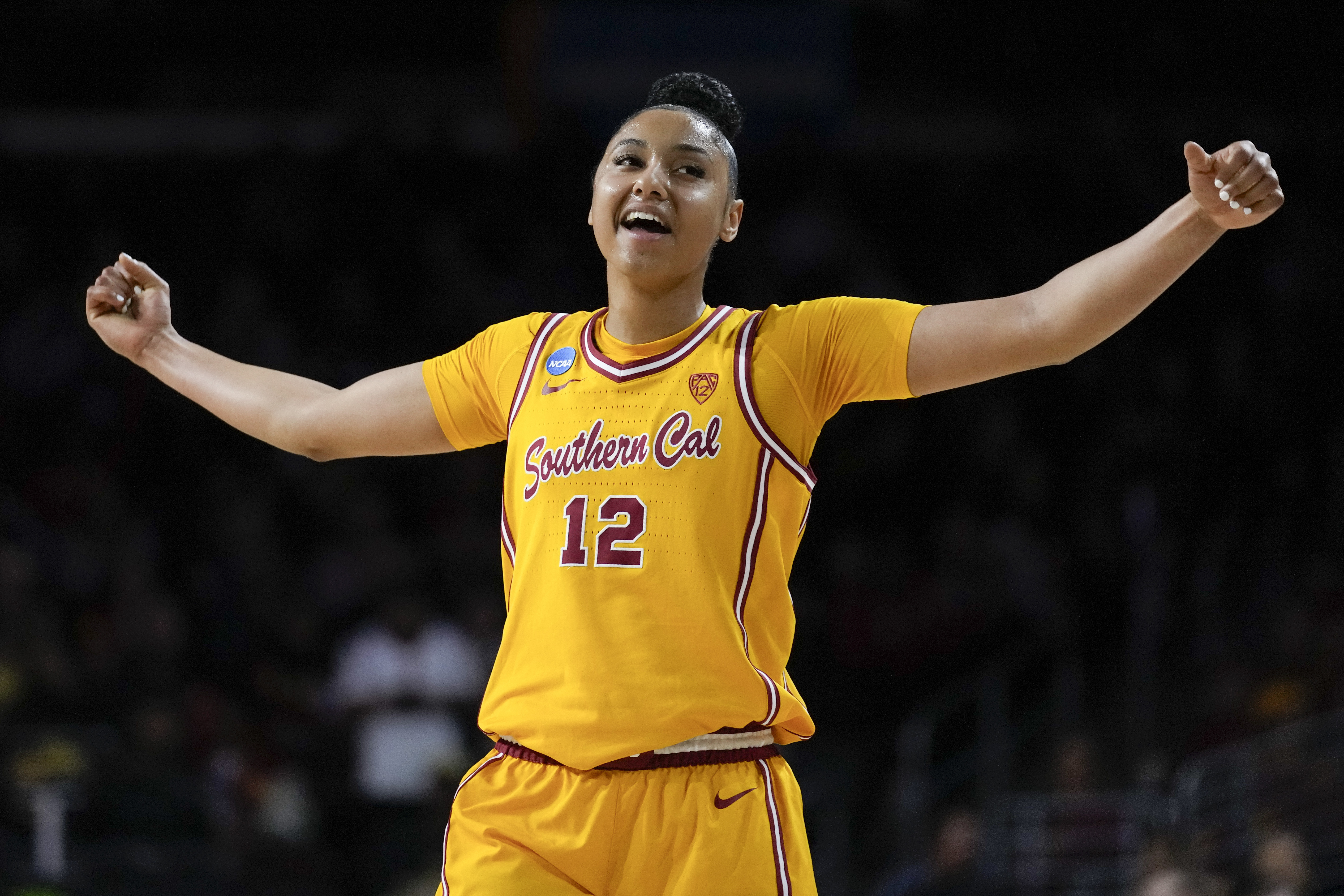 FILE - Southern California guard JuJu Watkins reacts after a shot during a second-round college basketball game against Kansas in the women's NCAA Tournament in Los Angeles, Monday, March 25, 2024. 