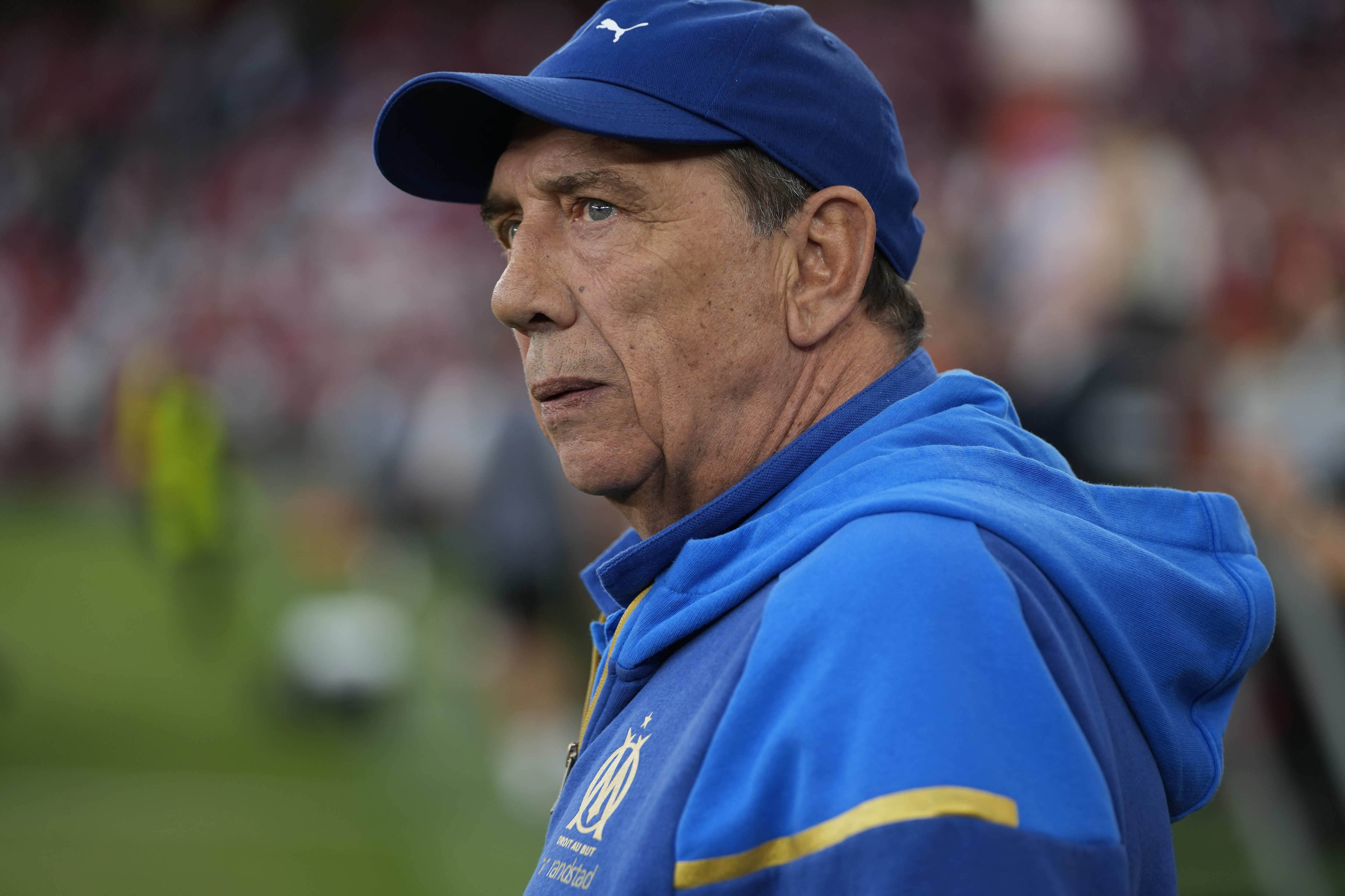 FILE - Then-Marseille's head coach Jean Louis Gasset stands next to the bench prior to the Europa League quarterfinals, first leg, soccer match between SL Benfica and Olympique de Marseille at the Luz stadium in Lisbon, Thursday, April 11, 2024. 