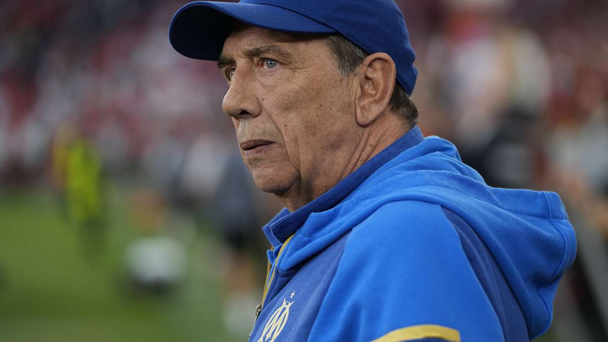FILE - Then-Marseille's head coach Jean Louis Gasset stands next to the bench prior to the Europa League quarterfinals, first leg, soccer match between SL Benfica and Olympique de Marseille at the Luz stadium in Lisbon, Thursday, April 11, 2024.