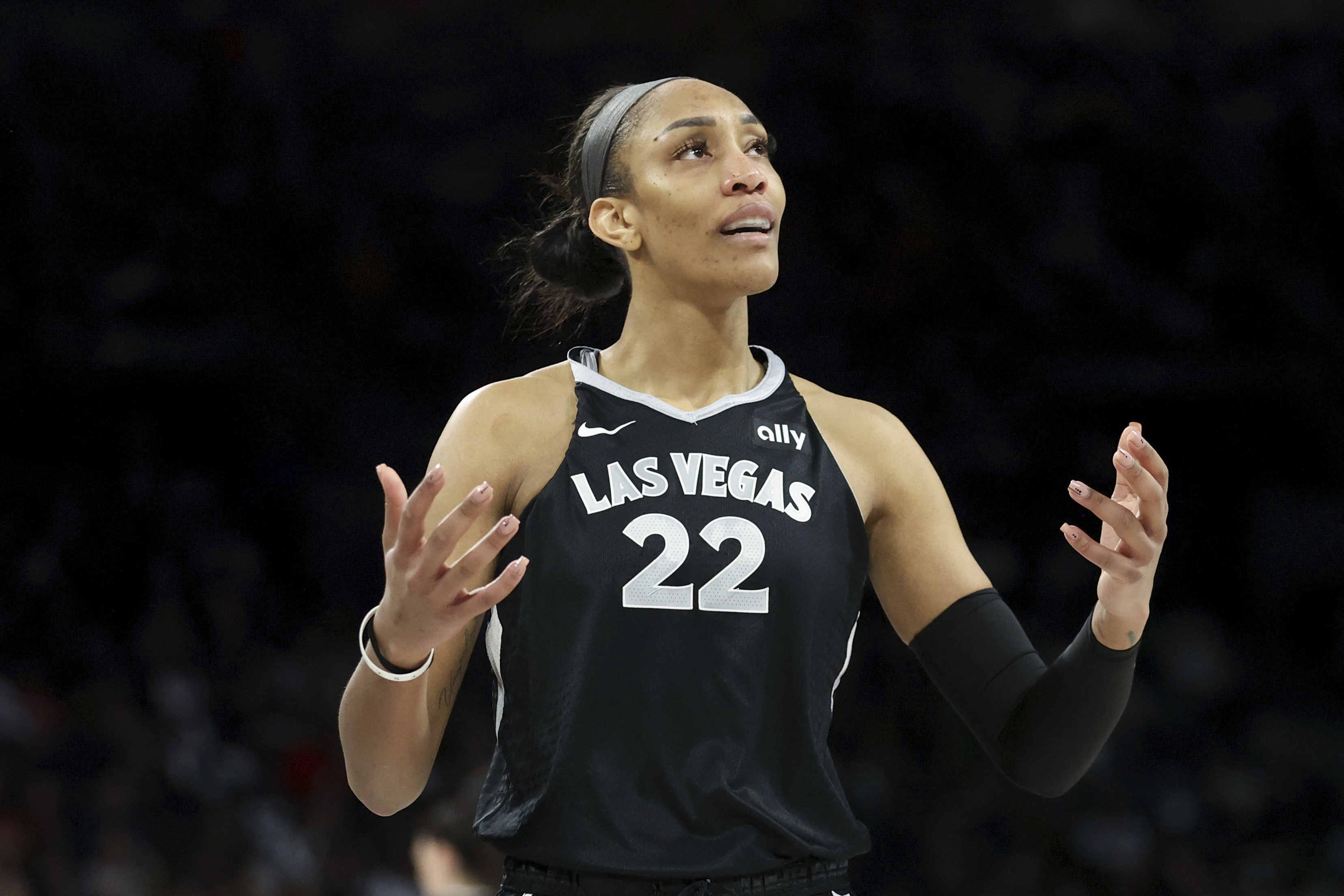 Las Vegas Aces center A'ja Wilson reacts after her team is called for a foul during the second half of a WNBA Semifinal basketball game against the New York Liberty, Sunday, Oct. 6, 2024, in Las Vegas.