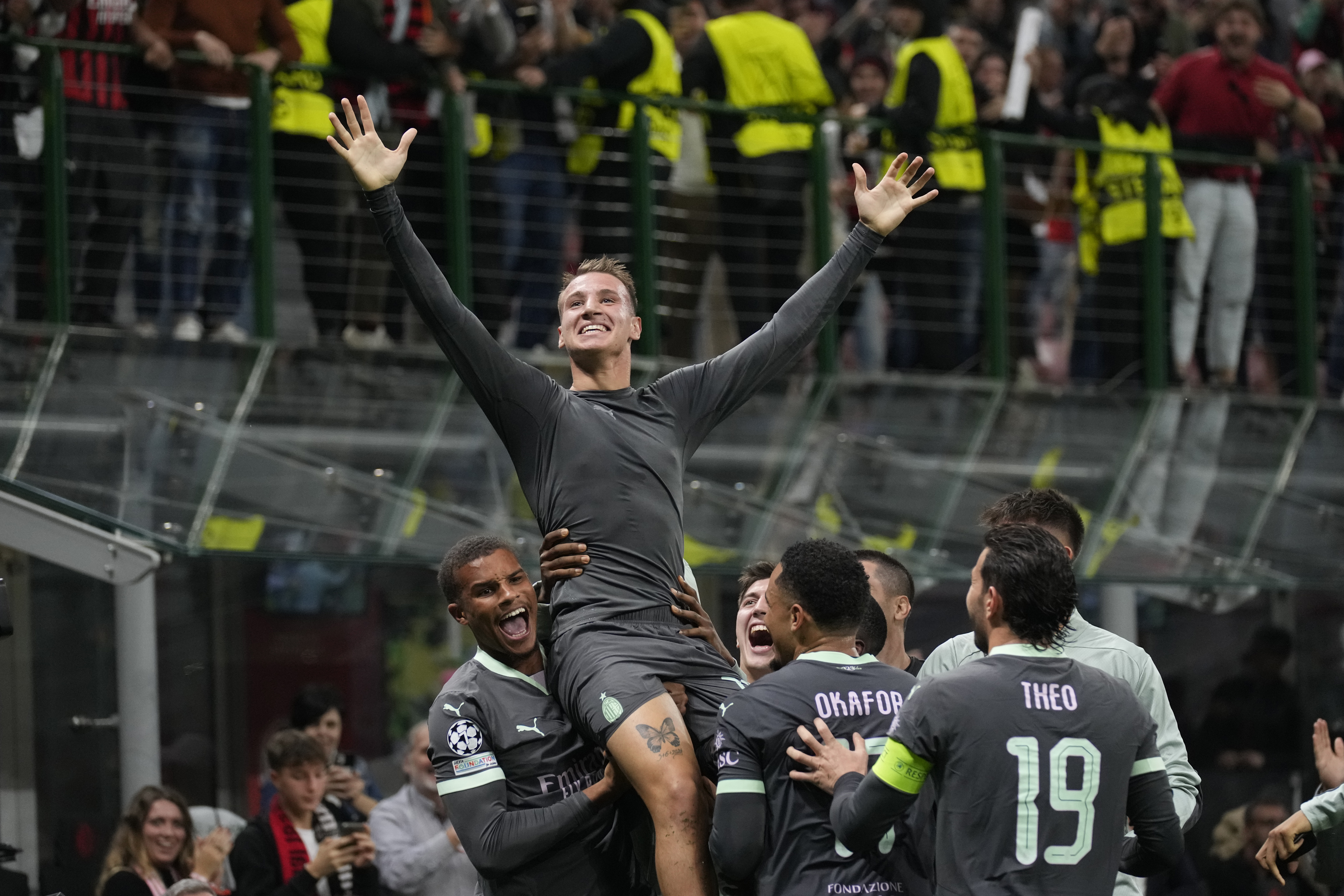 AC Milan's Francesco Camarda celebrates after scoring a goal that was later disallowed, during the Champions League opening phase soccer match between AC Milan and Club Brugge at the San Siro stadium in Milan, Italy, Tuesday, Oct. 22, 2024. 