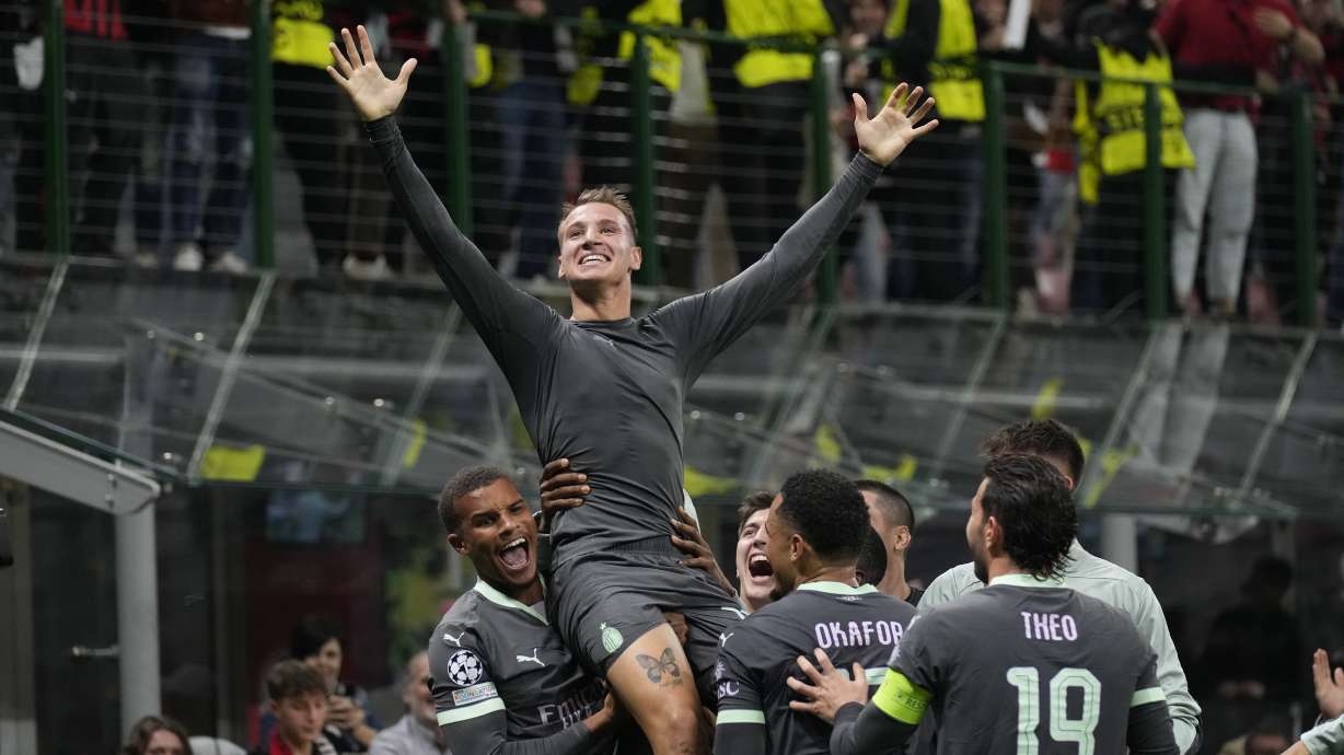 AC Milan's Francesco Camarda celebrates after scoring a goal that was later disallowed, during the Champions League opening phase soccer match between AC Milan and Club Brugge at the San Siro stadium in Milan, Italy, Tuesday, Oct. 22, 2024.