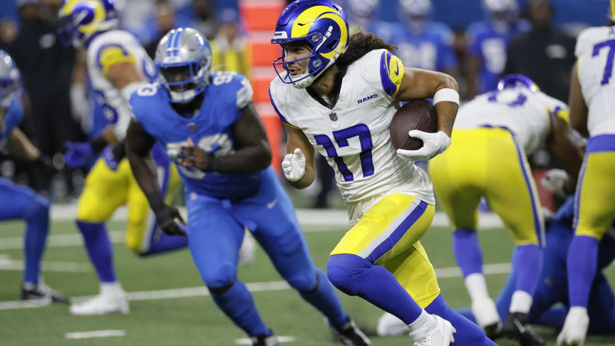 FILE -Los Angeles Rams wide receiver Puka Nacua (17) carries the ball against the Detroit Lions during the first half of an NFL football game Sunday, Sept. 8, 2024, in Detroit.