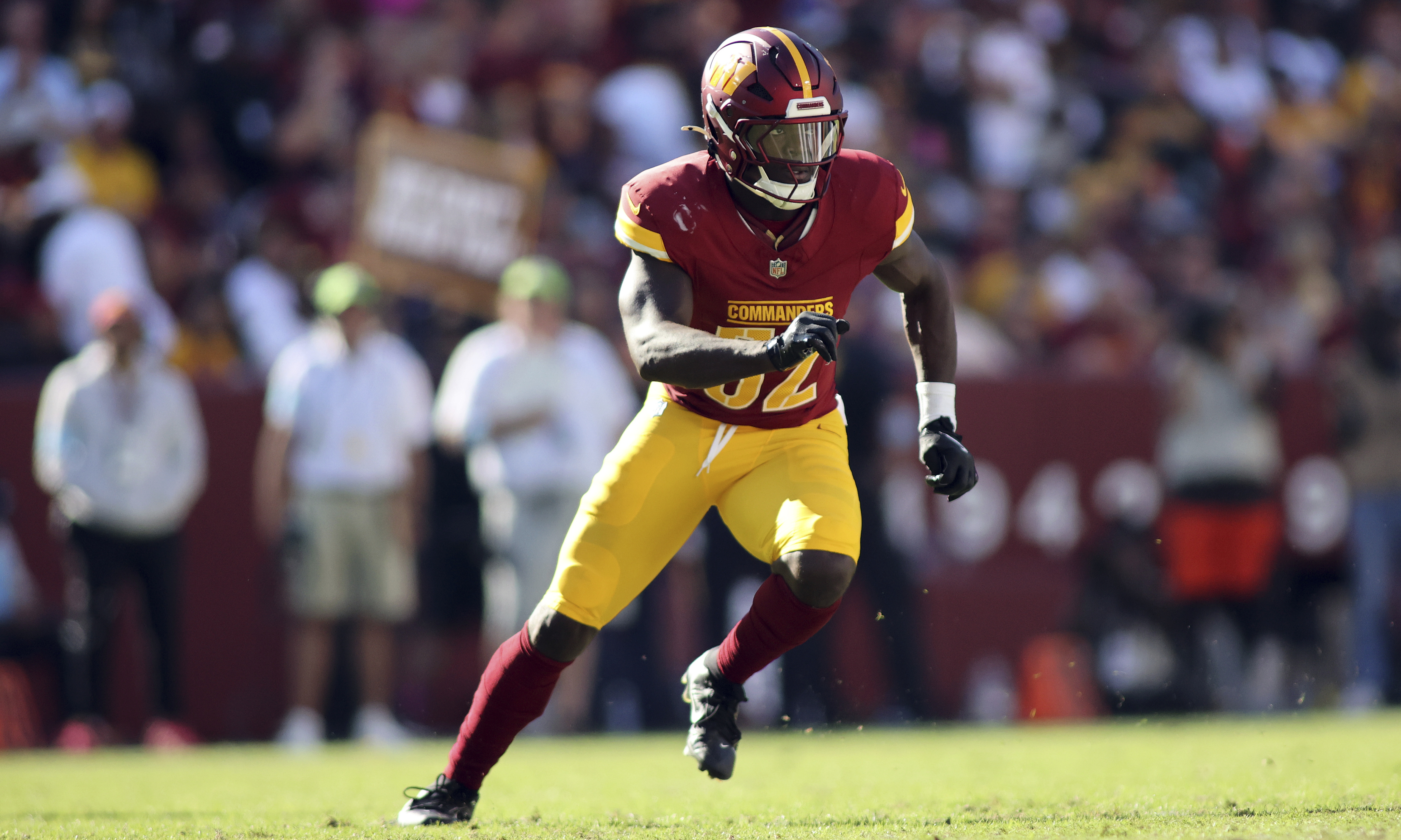 FILE - Washington Commanders linebacker Jamin Davis (52) rushes during an NFL football game against the Cleveland Browns, Sunday, Oct. 6, 2024 in Landover, Md.