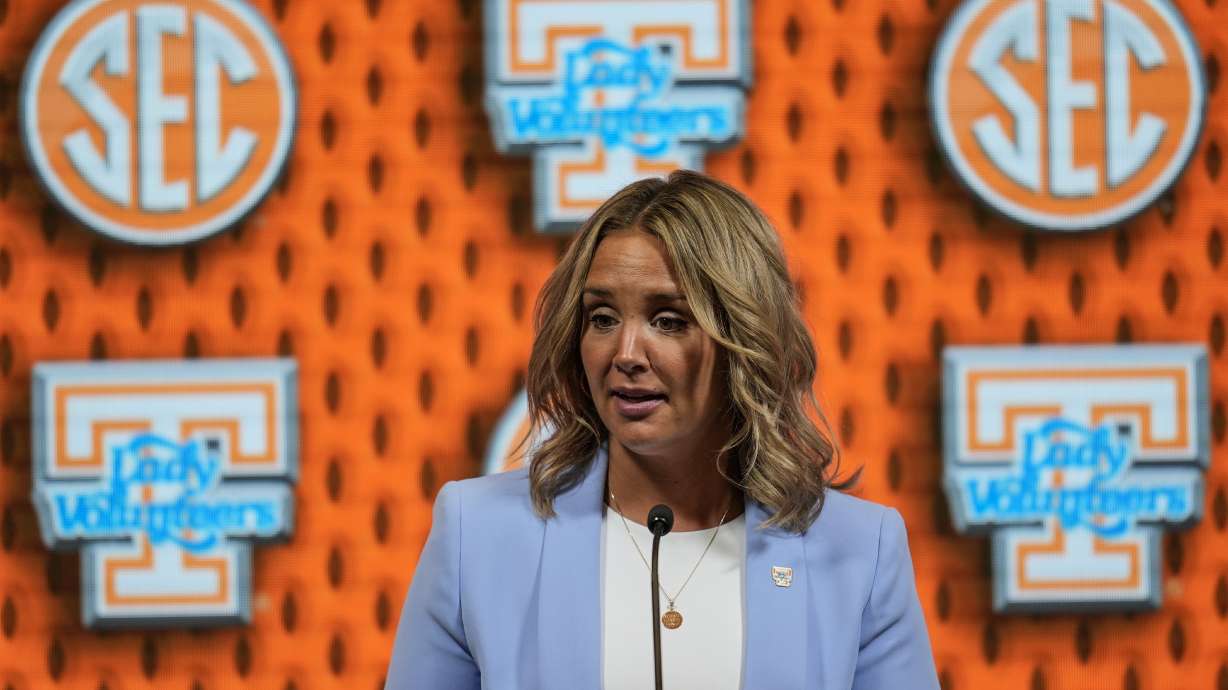 Tennessee head coach Kim Caldwell speaks during NCAA women's college basketball Southeastern Conference Media Day, Wednesday, Oct. 16, 2024, in Birmingham, Ala.