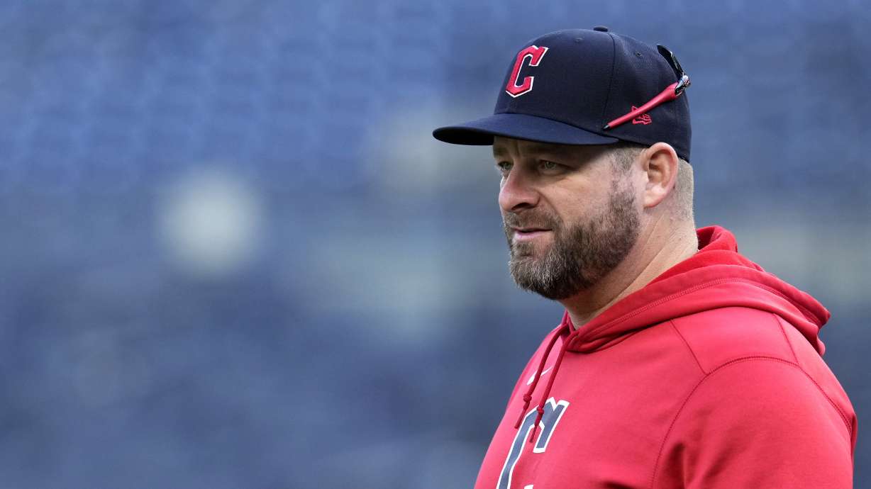 Cleveland Guardians manager Stephen Vogt watches during a workout Sunday, Oct. 13, 2024, in New York, ahead of Game 1 of the baseball AL Championship Series.