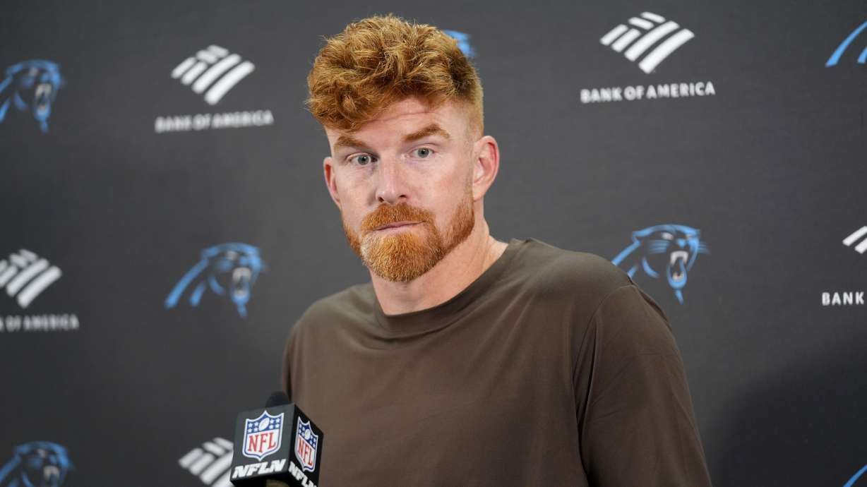 Carolina Panthers quarterback Andy Dalton speaks during a news conference after an NFL football game against the Washington Commanders, Sunday, Oct. 20, 2024, in Landover, Md. The Commanders 40-7.