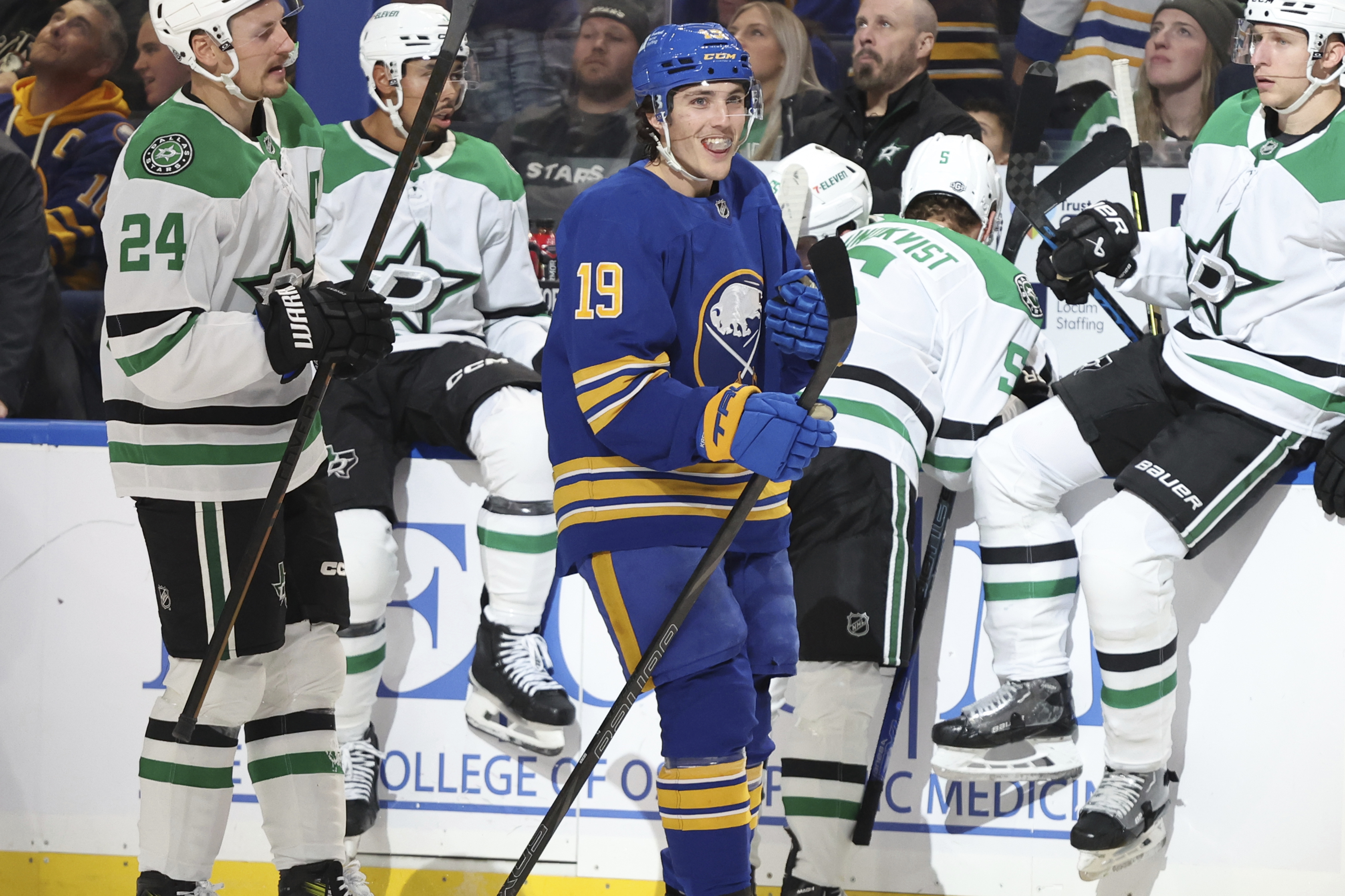 Buffalo Sabres center Peyton Krebs (19) celebrates his goal during the second period of an NHL hockey game against the Dallas Stars, Tuesday, Oct. 22, 2024, in Buffalo, N.Y.