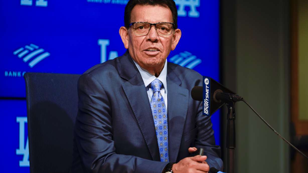FILE - Former Los Angeles Dodgers pitcher Fernando Valenzuela speaks during a news conference ahead of his jersey retirement ceremony at a baseball game between the Dodgers and the Colorado Rockies, Aug. 11, 2023, in Los Angeles. Fernando Valenzuela, the Mexican-born phenom for the Los Angeles Dodgers who inspired “Fernandomania” while winning the NL Cy Young Award and Rookie of the Year in 1981, has died Tuesday, Oct. 22, 2024.