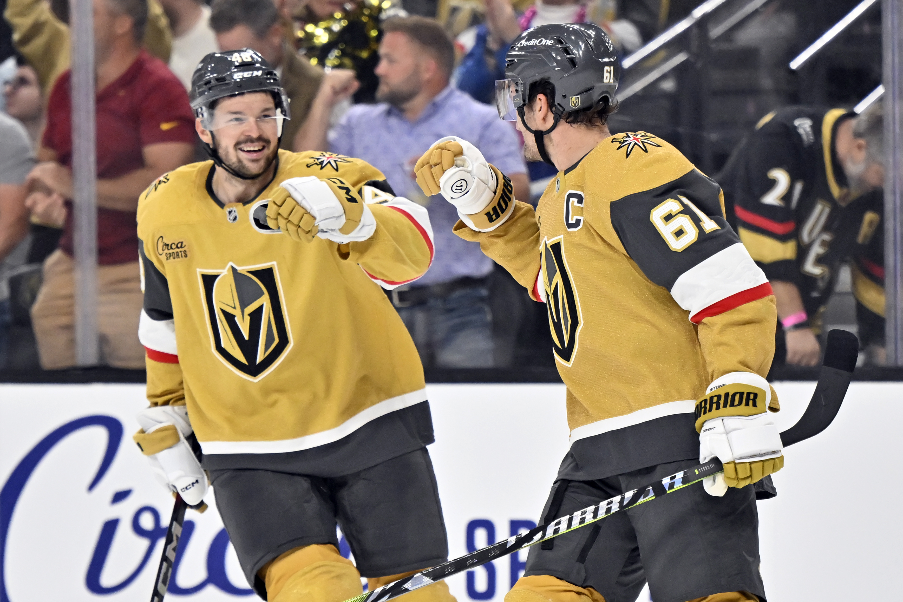 Vegas Golden Knights center Tomas Hertl, left, and right wing Mark Stone (61) celebrate a goal during the first period of an NHL hockey game against the Los Angeles Kings Tuesday, Oct. 22, 2024, in Las Vegas.