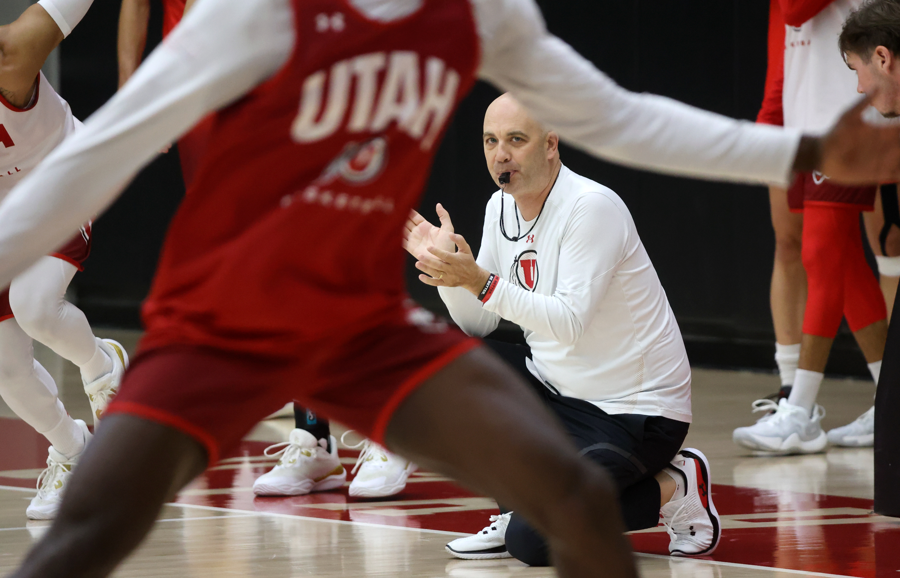 University of Utah head basketball coach Craig Smith coaches practice at the Jon M. and Karen Huntsman Practice Facility at the University of Utah in Salt Lake City on Thursday, Sept. 26, 2024.