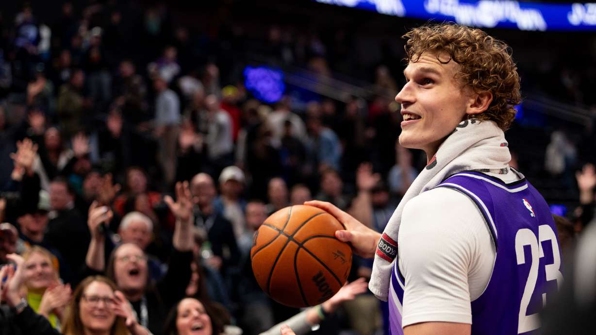 Utah Jazz forward Lauri Markkanen (23) looks into the crowd to give the game-ball after a Jazz victory in the NBA basketball game between the Utah Jazz and the Oklahoma City Thunder at the Delta Center in Salt Lake City on Tuesday, Feb. 6, 2024.