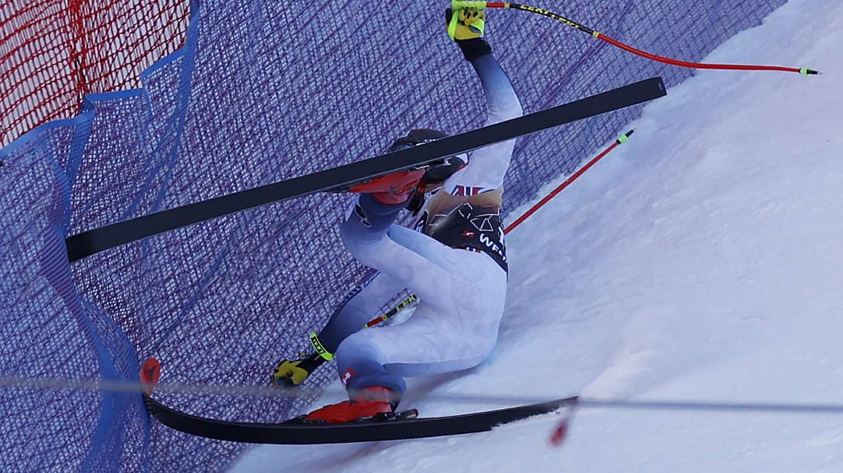 FILE - Norway's Aleksander Aamodt Kilde falls during an alpine ski, men's World Cup downhill race, in Wengen, Switzerland, Saturday, Jan. 13, 2024.