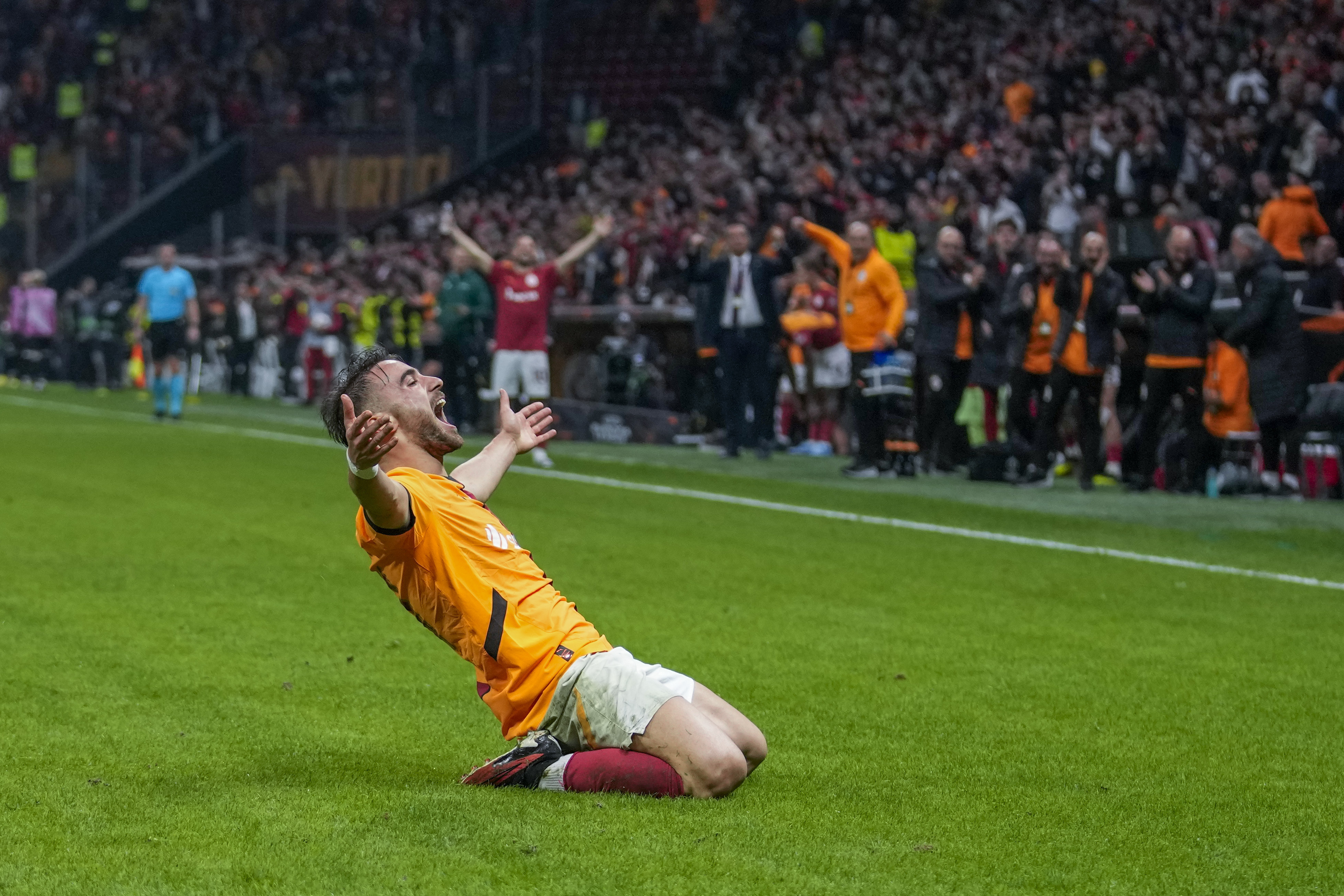 Galatasaray's Yunus Akgun celebrates after scoring their side's fourth goal during the Europa League opening phase soccer match between Galatasaray and Elfsborg at Ali Sami Yen stadium, in Istanbul, Turkey, Wednesday, Oct. 23, 2024. Galatasaray won 4-3. 