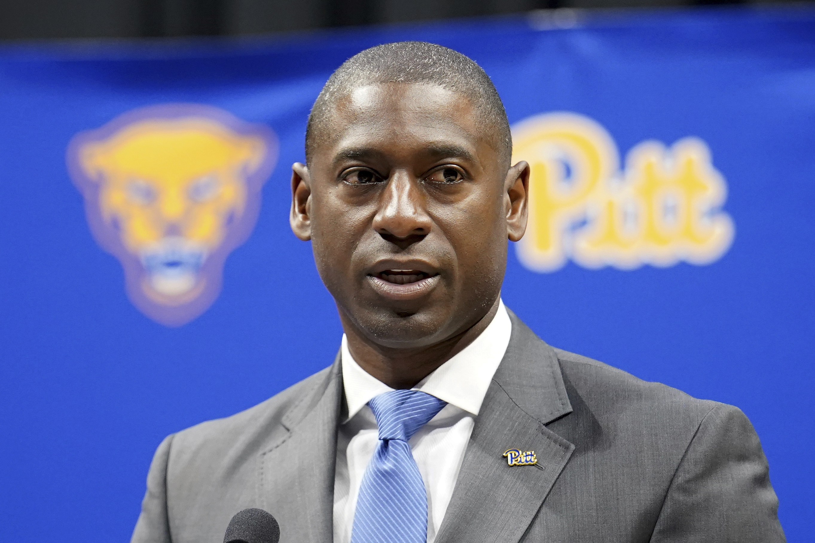 Allen Greene makes remarks after being introduced as the new athletic director at the University of Pittsburgh, Wednesday, Oct. 23, 2024, in Pittsburgh. 