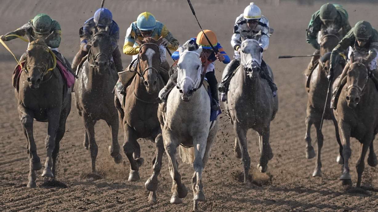 FILE - Irad Ortiz Jr., center, rides White Abarrio to win the Breeders' Cup Classic horse race, Nov. 4, 2023, at Santa Anita Park in Arcadia, Calif.