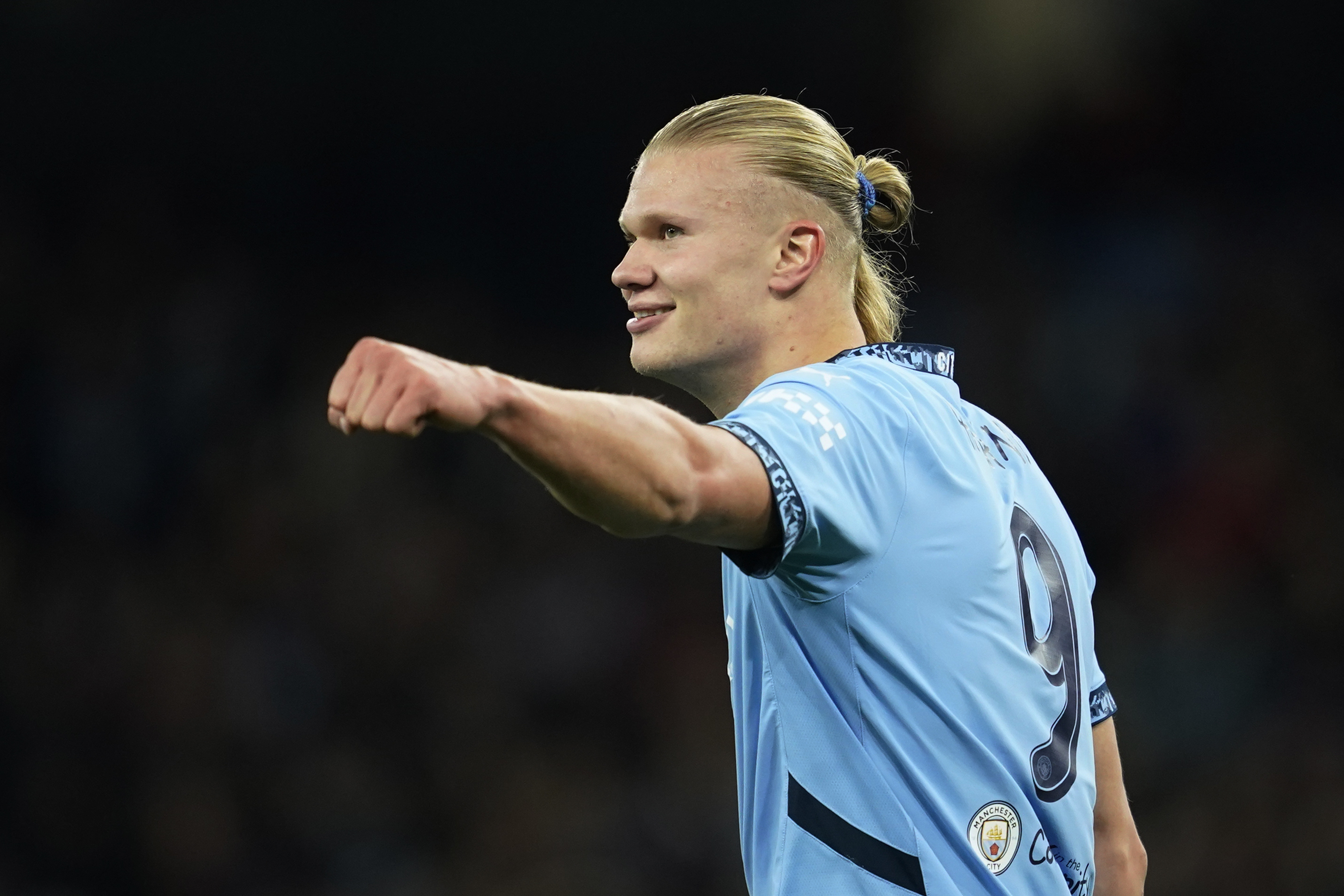 Manchester City's Erling Haaland celebrates after scoring his side's second goal during the Champions League opening phase soccer match between Manchester City and Sparta Praha at the Etihad Stadium in Manchester, England, Wednesday, Oct.23 , 2024.
