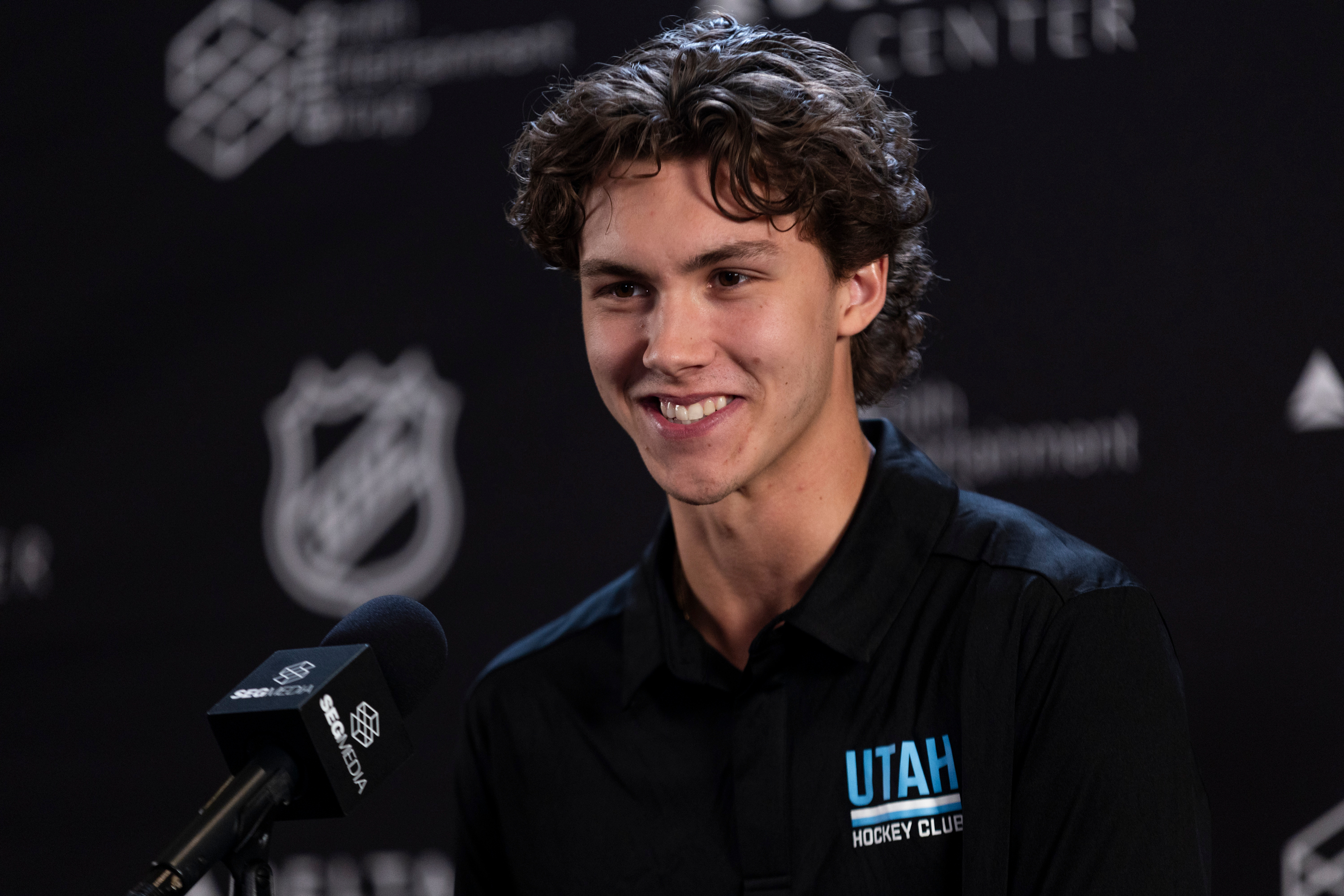 Maveric Lamoureux is interviewed during a recap of the NHL draft at Grand America Hotel in Salt Lake City on Sunday, June 30, 2024.