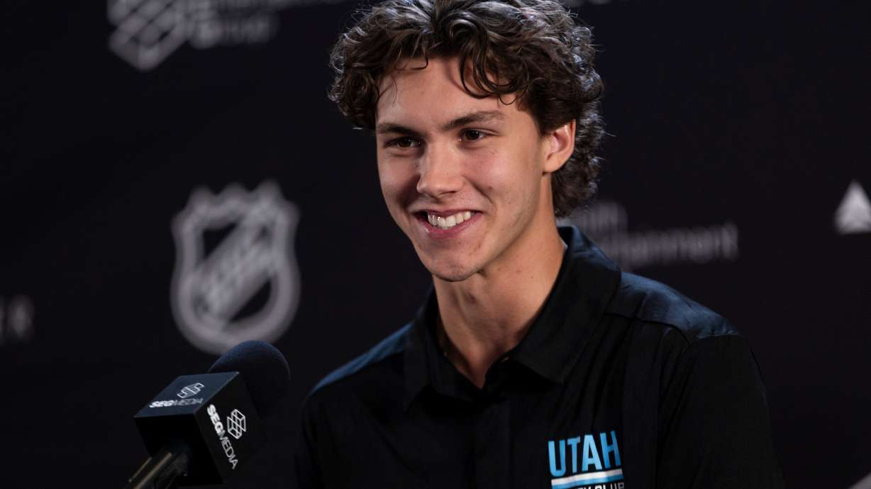Maveric Lamoureux is interviewed during a recap of the NHL draft at Grand America Hotel in Salt Lake City on Sunday, June 30, 2024.