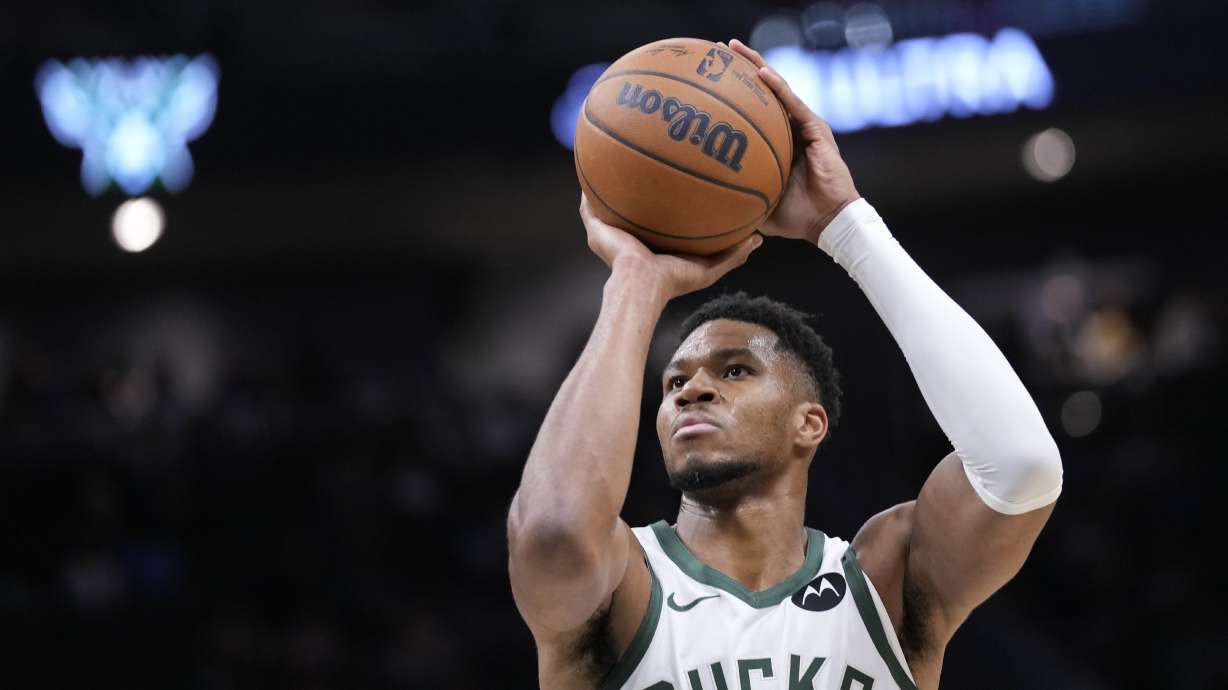 Milwaukee Bucks' Giannis Antetokounmpo shoots a free throw against the Chicago Bulls during the first half of an NBA preseason basketball game Monday, Oct. 14, 2024, in Milwaukee.