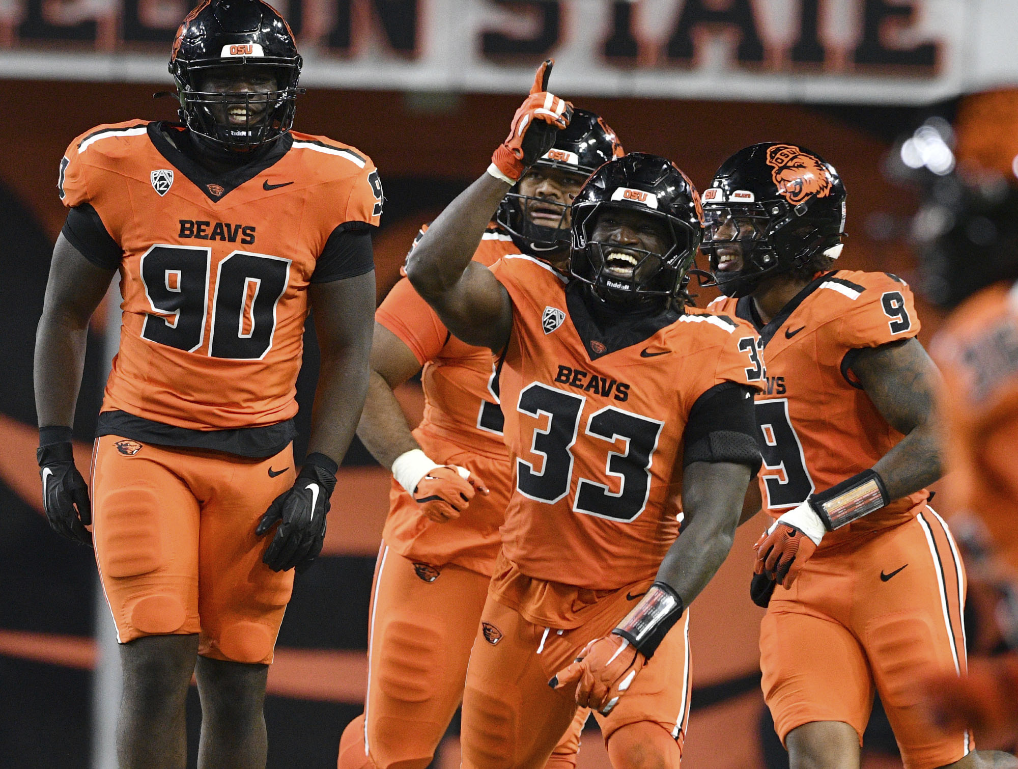 Oregon State linebacker Oluwaseyi Omotosho (33) celebrates a sack against UNLV during the second half of an NCAA college football game Saturday, Oct. 19, 2024, in Corvallis, Ore. 