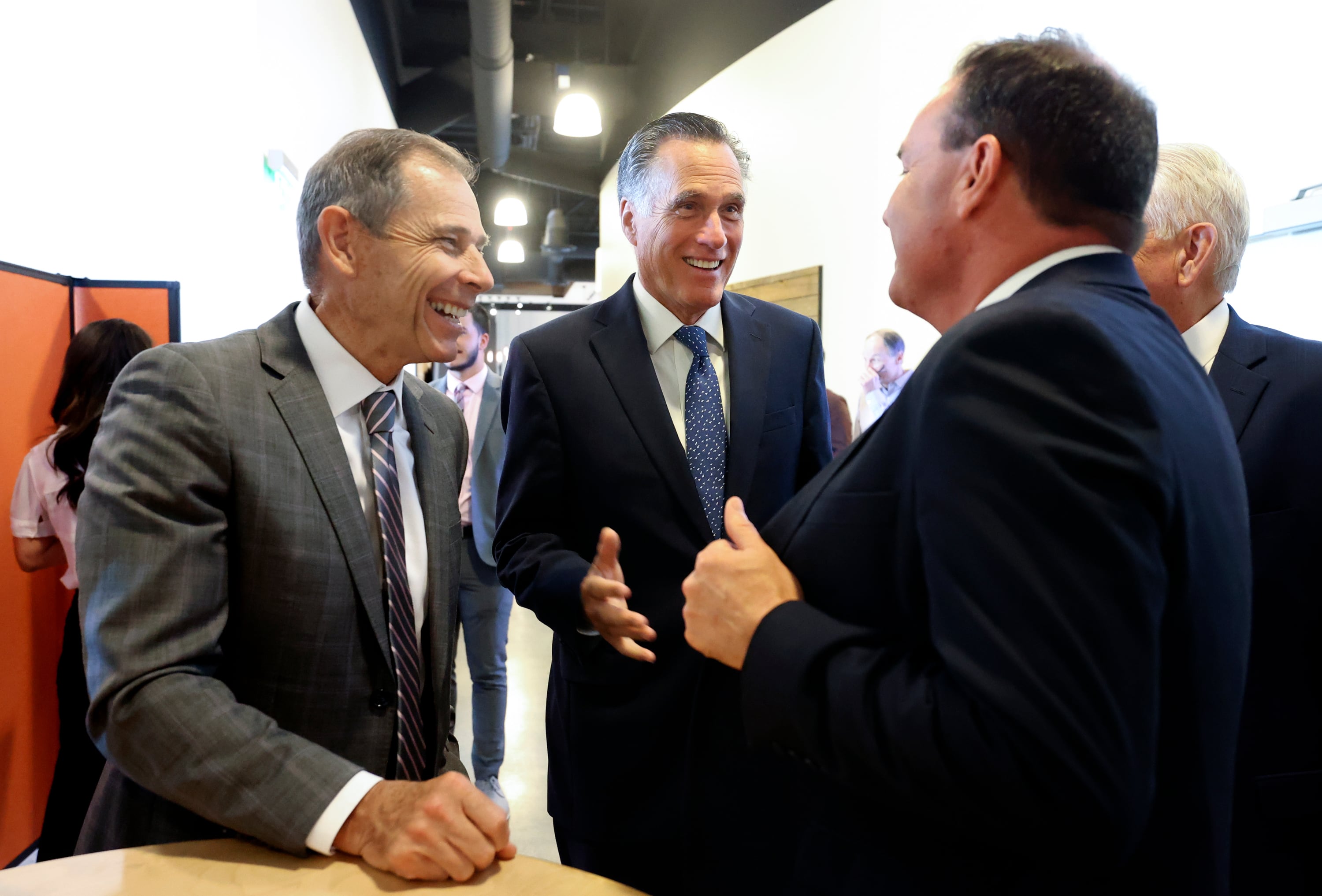 Rep. John Curtis, Sen. Mitt Romney, and Sen. Mike Lee, R-Utah, talk during a South Valley Chamber of Commerce meeting at Salt Mine Productive Workspace in Sandy on Aug. 18, 2022. Republican lawmakers in the West say they want states to control more of their own land.