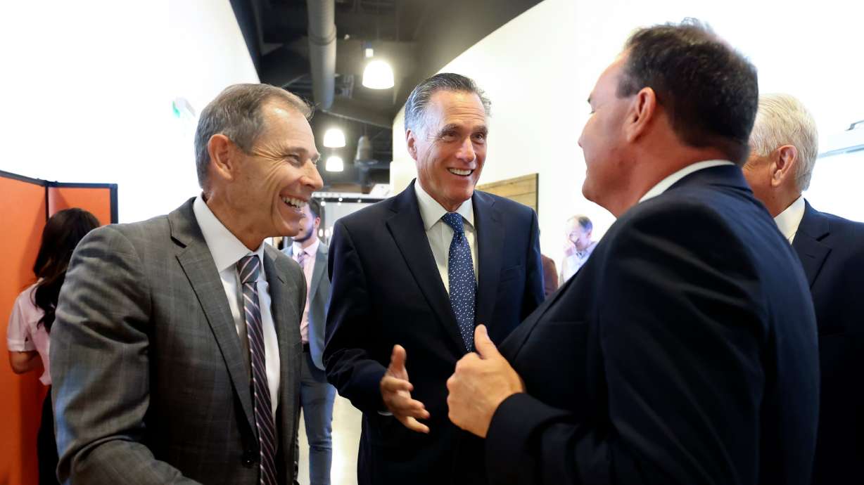 Rep. John Curtis, Sen. Mitt Romney, and Sen. Mike Lee, R-Utah, talk during a South Valley Chamber of Commerce meeting at Salt Mine Productive Workspace in Sandy on Aug. 18, 2022. Republican lawmakers in the West say they want states to control more of their own land.