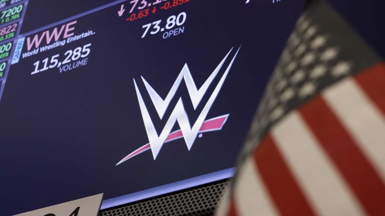 The logo for World Wrestling Entertainment, WWE, appears above a trading post on the floor of the New York Stock Exchange, Sept. 13, 2019.