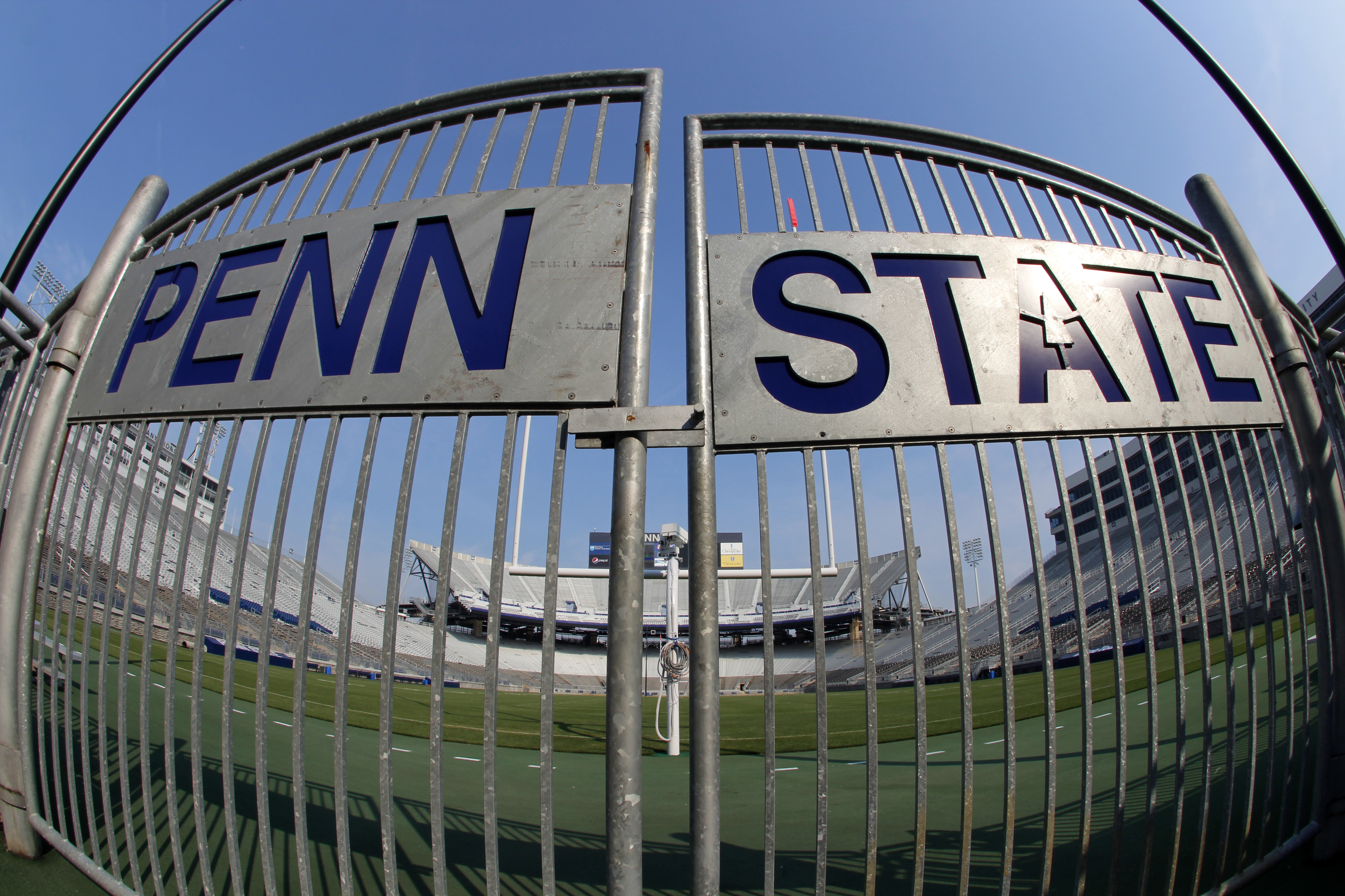 FILE - These are the gates leading to the field at Beaver Stadium, home of the Penn State Nittany Lions college football team in State College, Pa., Aug. 9, 2012.