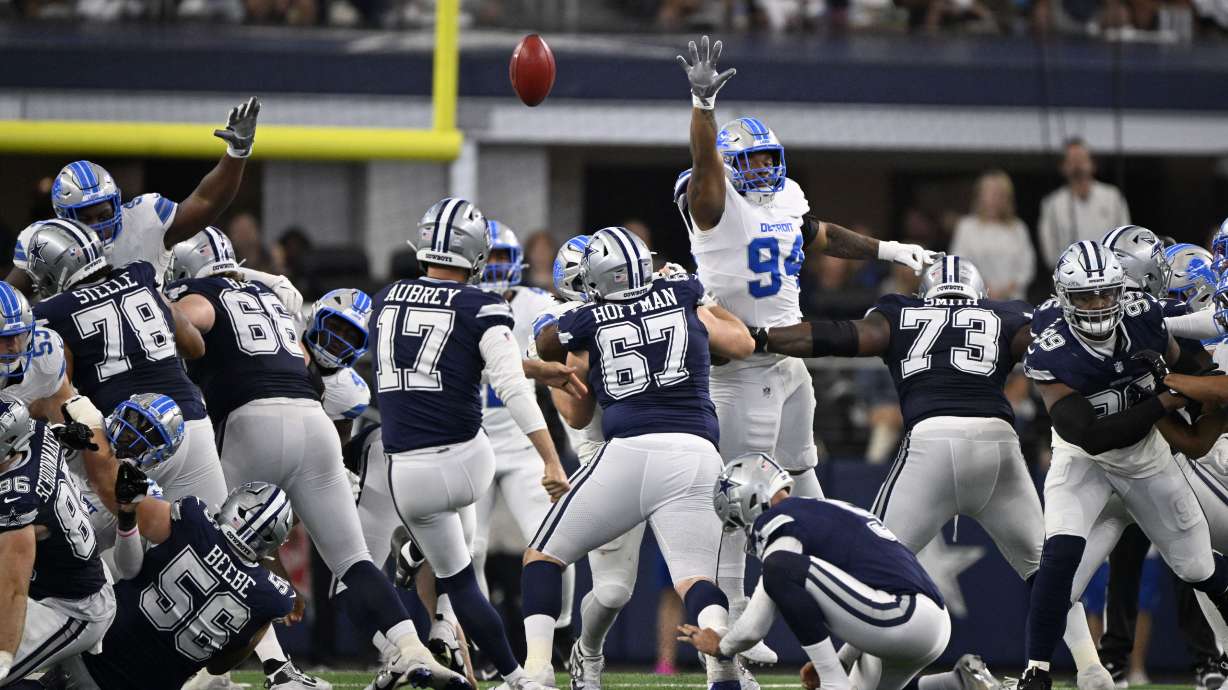 Dallas Cowboys place kicker Brandon Aubrey (17) kicks a field goal against the Detroit Lions in the first half of an NFL football game in Arlington, Texas, Sunday, Oct. 13, 2024.
