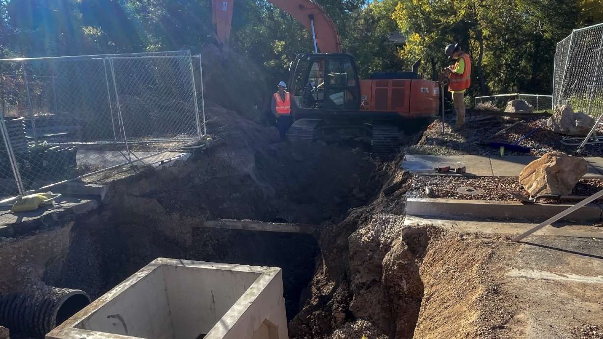 Construction crews work to remove an aging Emigration Creek culvert at 1700 South in Salt Lake City on Thursday. The $2 million project began this month and will continue into April 2025.