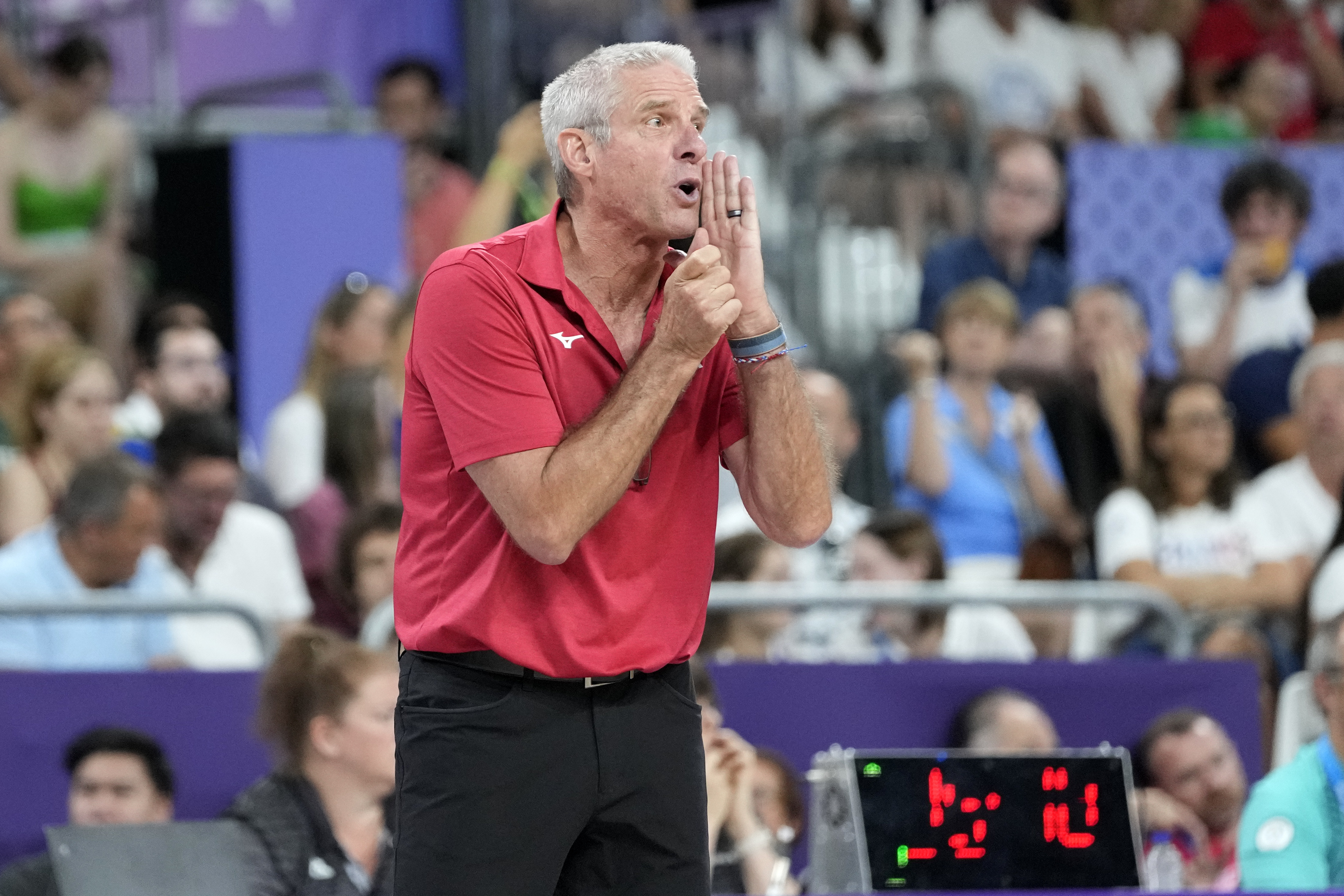 FILE - United States'coach Karch Kiraly reacts during a gold medal women's volleyball match between the United States of America and Italy at the 2024 Summer Olympics, Sunday, Aug. 11, 2024, in Paris, France.