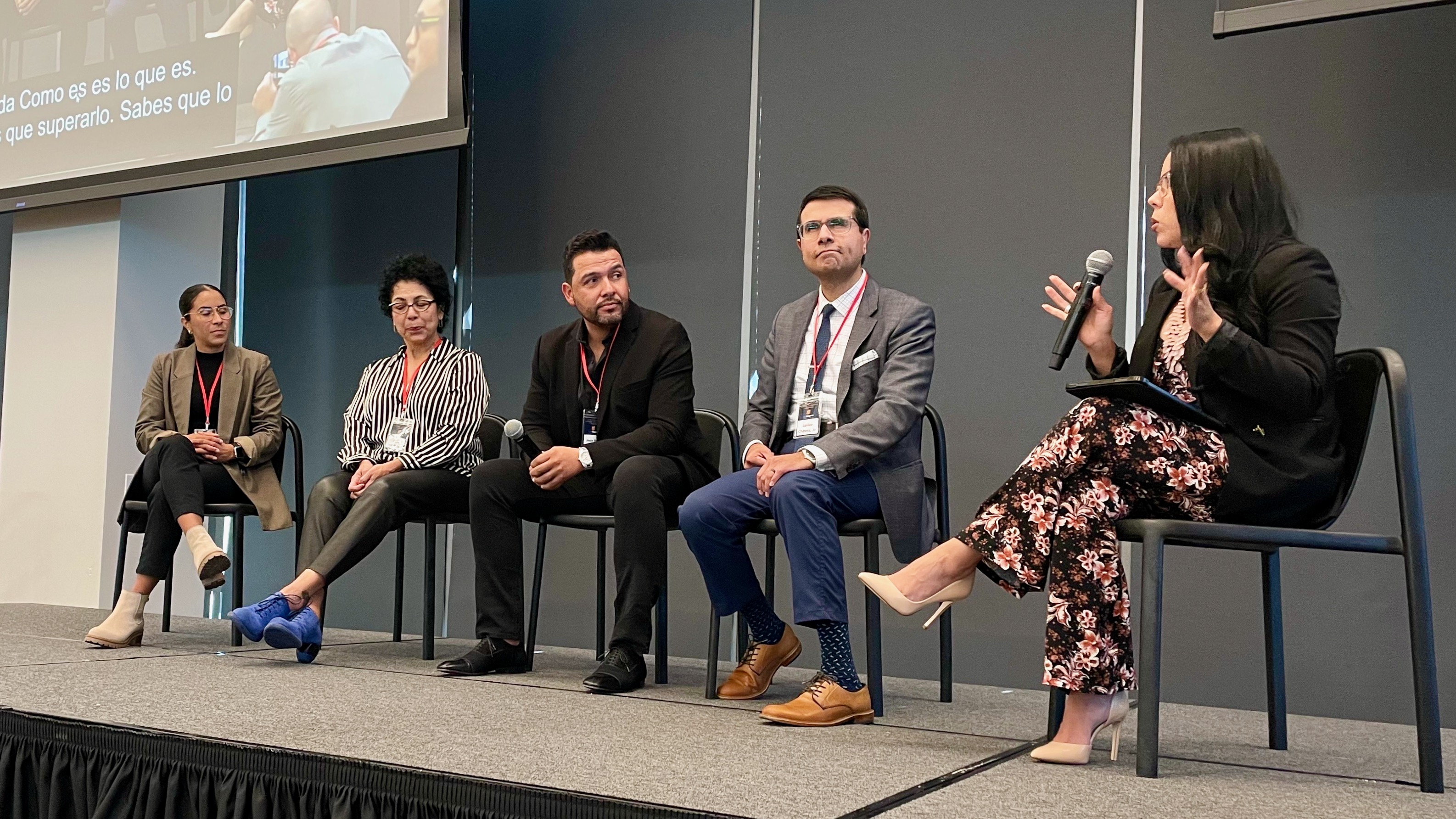 Nubia Peña moderates a panel at the annual Utah Hispanic Chamber of Commerce conference in Midvale on Thursday. Also on the panel were Gina Soto, Lucy Cardenas, Jesus Ruiz and Javier Chavez, Jr.