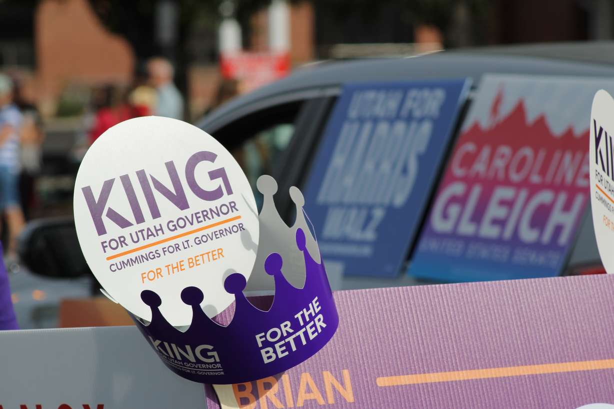 Brian King campaign signs are pictured during Utah State University's homecoming parade in Logan on Oct. 12.