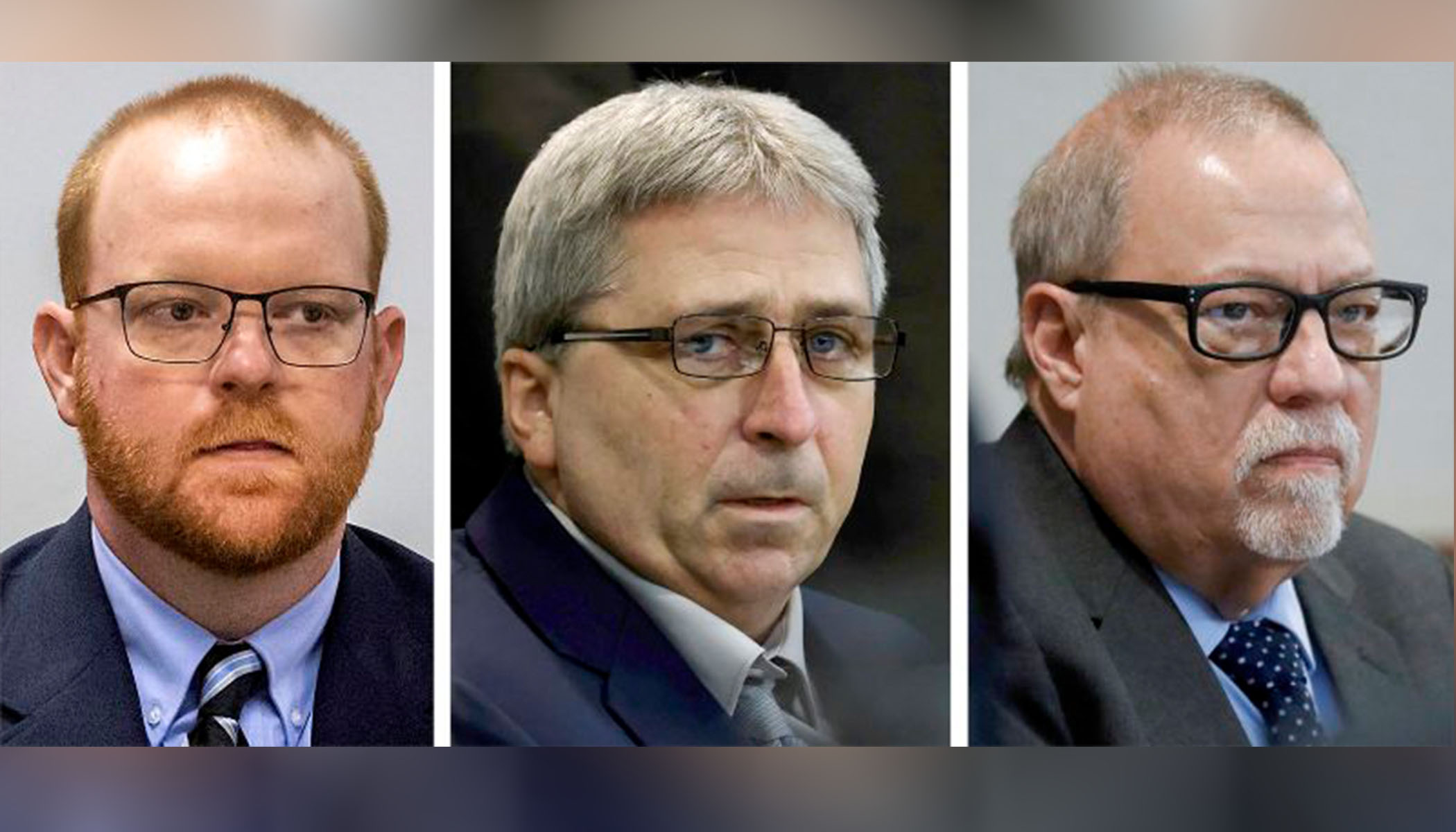 This combination photo shows, from left, Travis McMichael, William "Roddie" Bryan and Gregory McMichael during their trial at the Glynn County Courthouse in Brunswick, Ga. The three men, all convicted of murder in the shooting death of Ahmaud Arbery, are asking a Georgia judge for a new trial. 