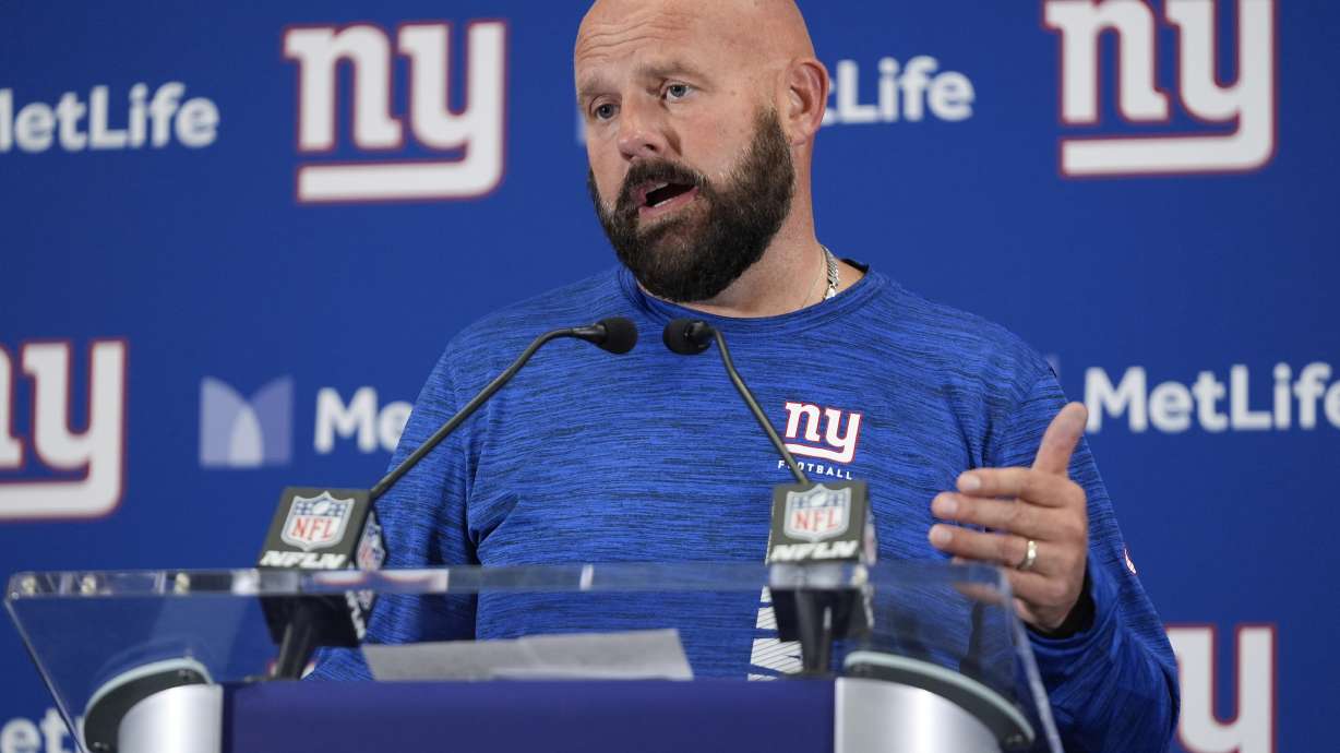 New York Giants head coach Brian Daboll speaks during a news conference after an NFL football game against the Cincinnati Bengals, Sunday, Oct. 13, 2024, in East Rutherford, N.J. The Bengals won 17-7.