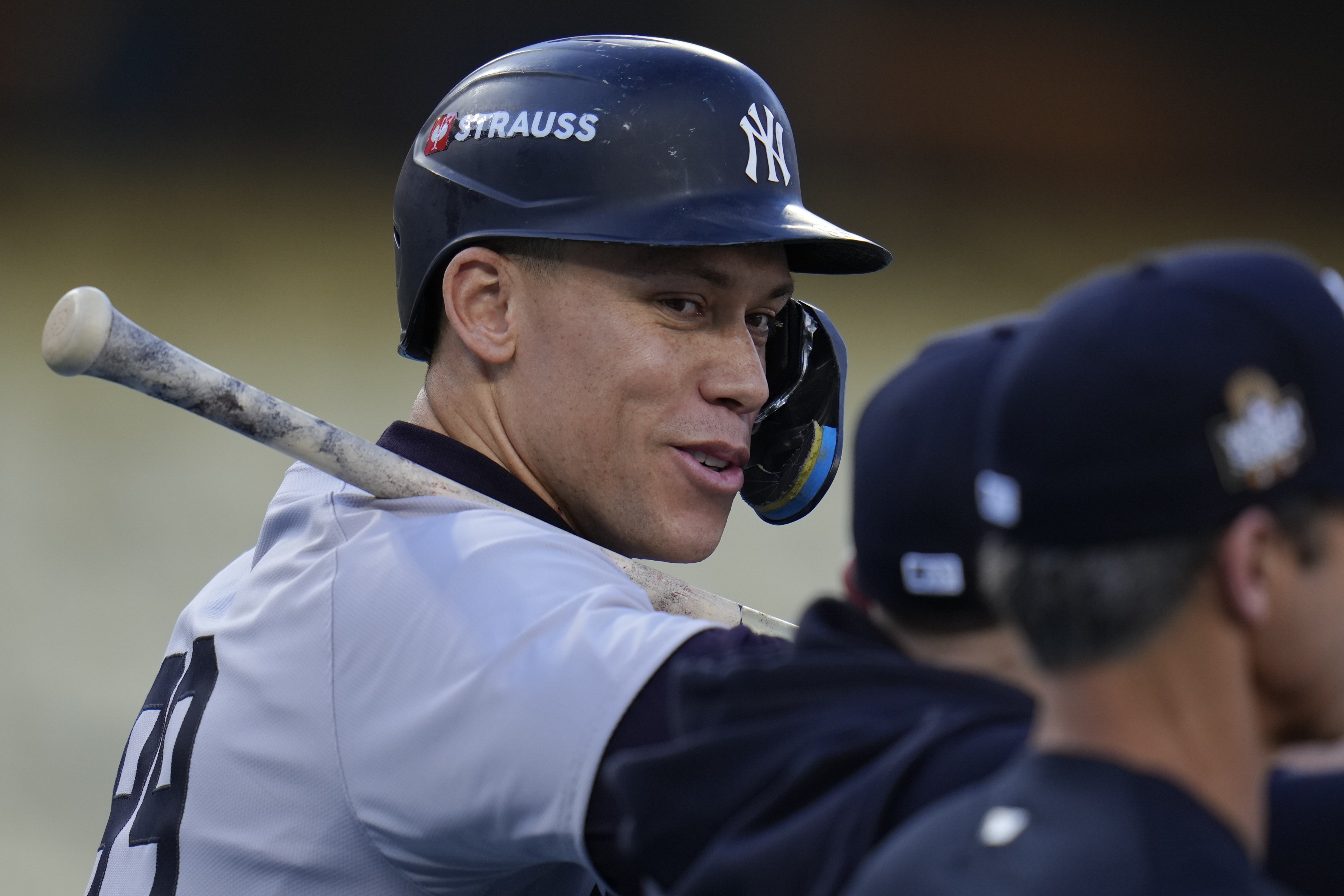 New York Yankees' Aaron Judge watches batting practice during media day for the baseball World Series against the Los Angeles Dodgers, Thursday, Oct. 24, 2024, in Los Angeles.