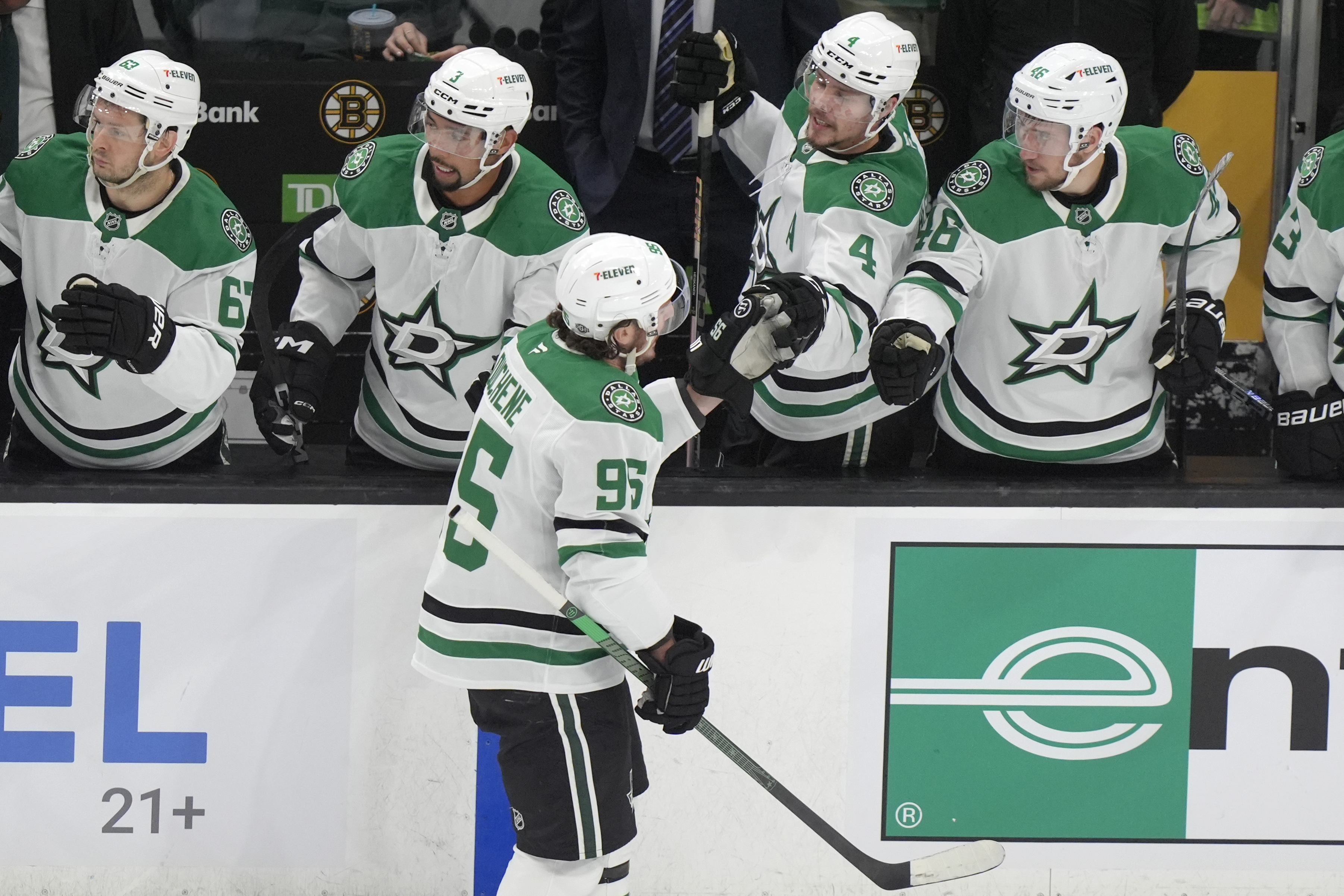 Dallas Stars center Matt Duchene (95) celebrates with teammates after scoring in the first period of an NHL hockey game against the Boston Bruins, Thursday, Oct. 24, 2024, in Boston.