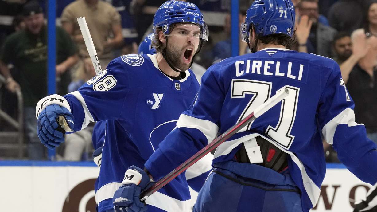Tampa Bay Lightning left wing Brandon Hagel (38) celebrates his goal against the Minnesota Wild with center Anthony Cirelli (71) during the second period of an NHL hockey game Thursday, Oct. 24, 2024, in Tampa, Fla.