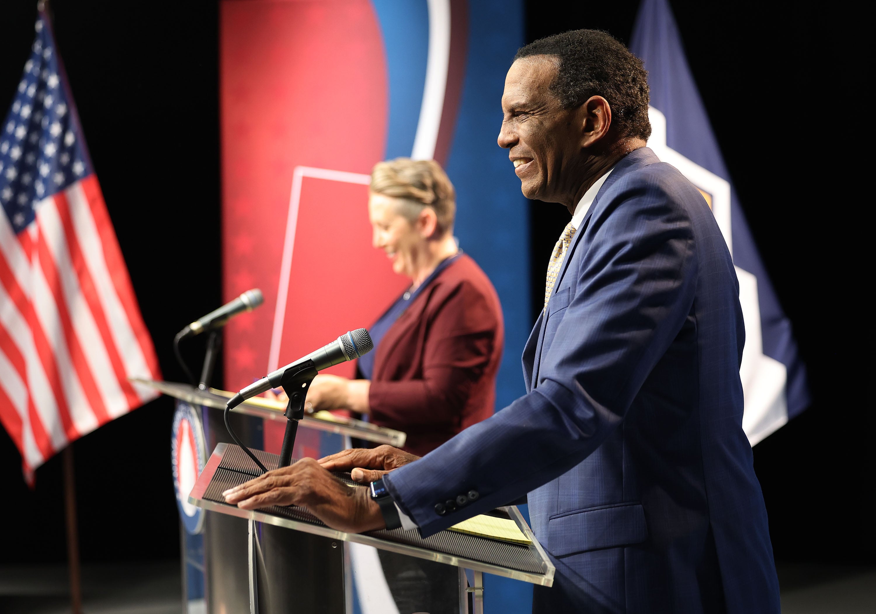 Congressional District 4 candidate Burgess Owens (Republican) smiles prior to his debate with Katrina Fallick-Wang (Democrat) at the University of Utah’s KUER station in Salt Lake City on Thursday.