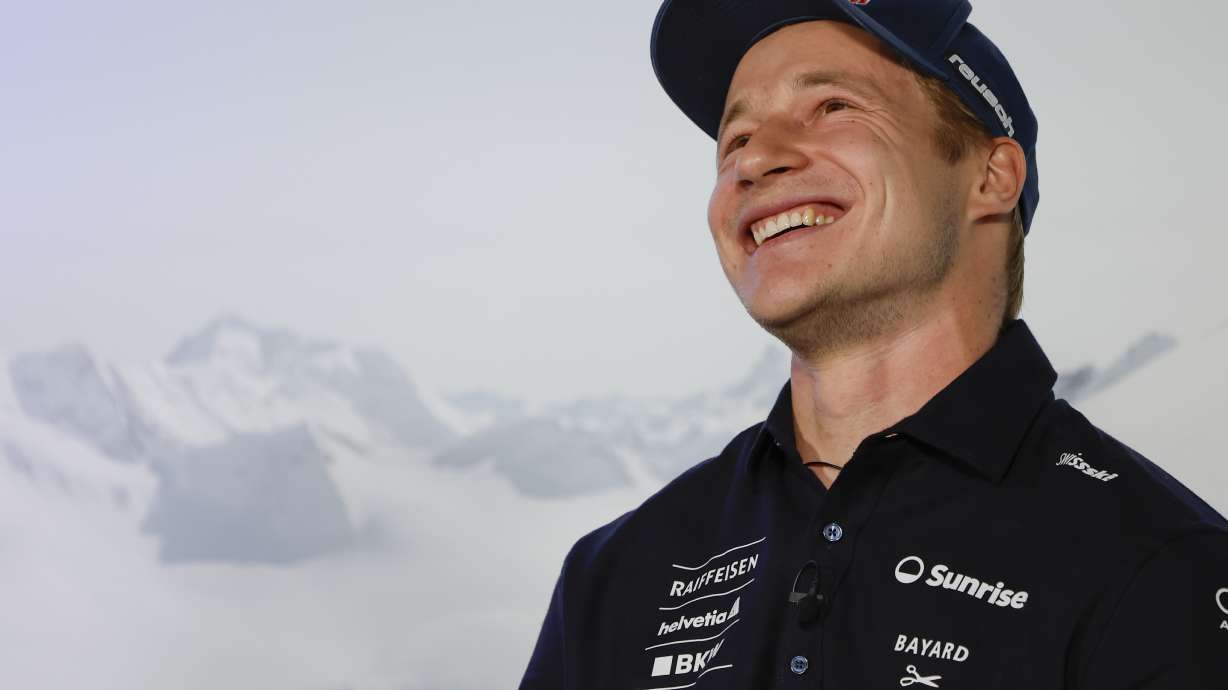 Switzerland's Marco Odermatt meets the media ahead of an alpine ski, men's World Cup giant slalom in Soelden Austria, Friday, Oct. 25, 2024.