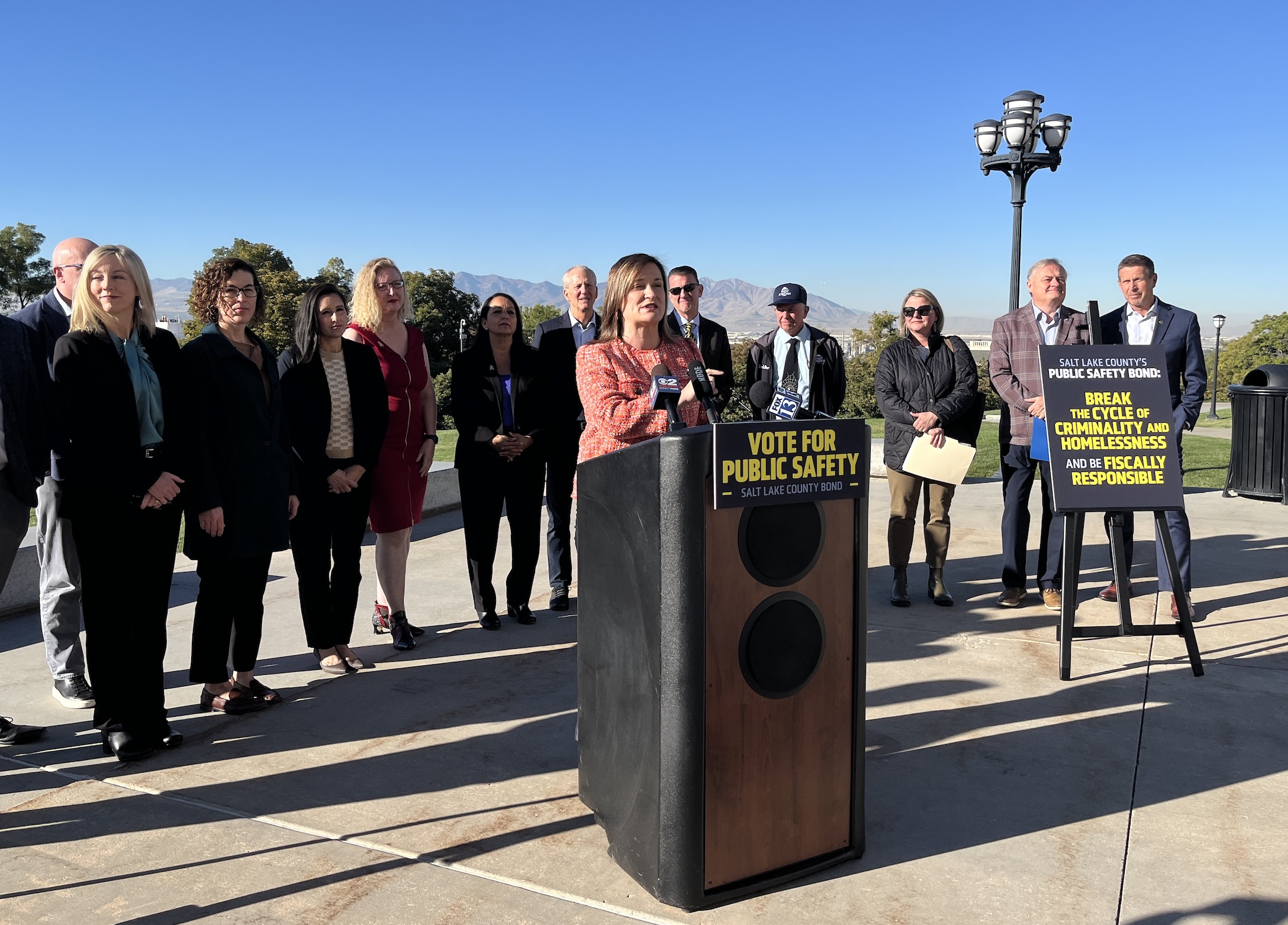 Salt Lake County Mayor Jenny Wilson speaks about a $507 million public safety bond at a press conference Friday. Wilson, backed by state, county and local leaders, advocated for the bond, which county voters will decide on this November.